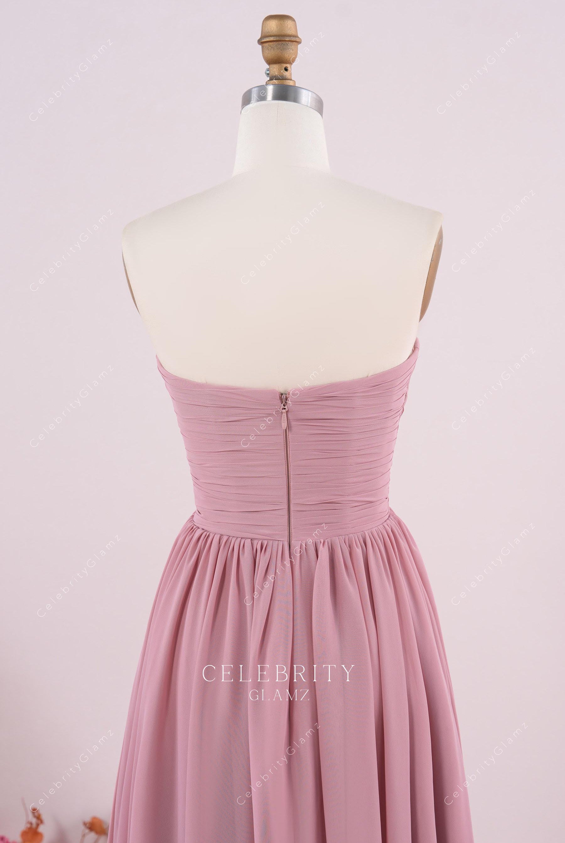 dusty pink strapless open back bridesmaid dress