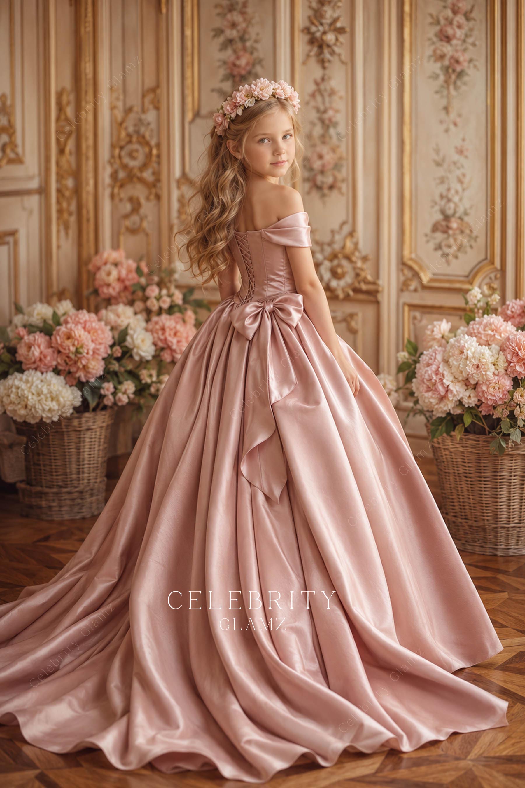 dusty rose a line court train kids formal ballgown