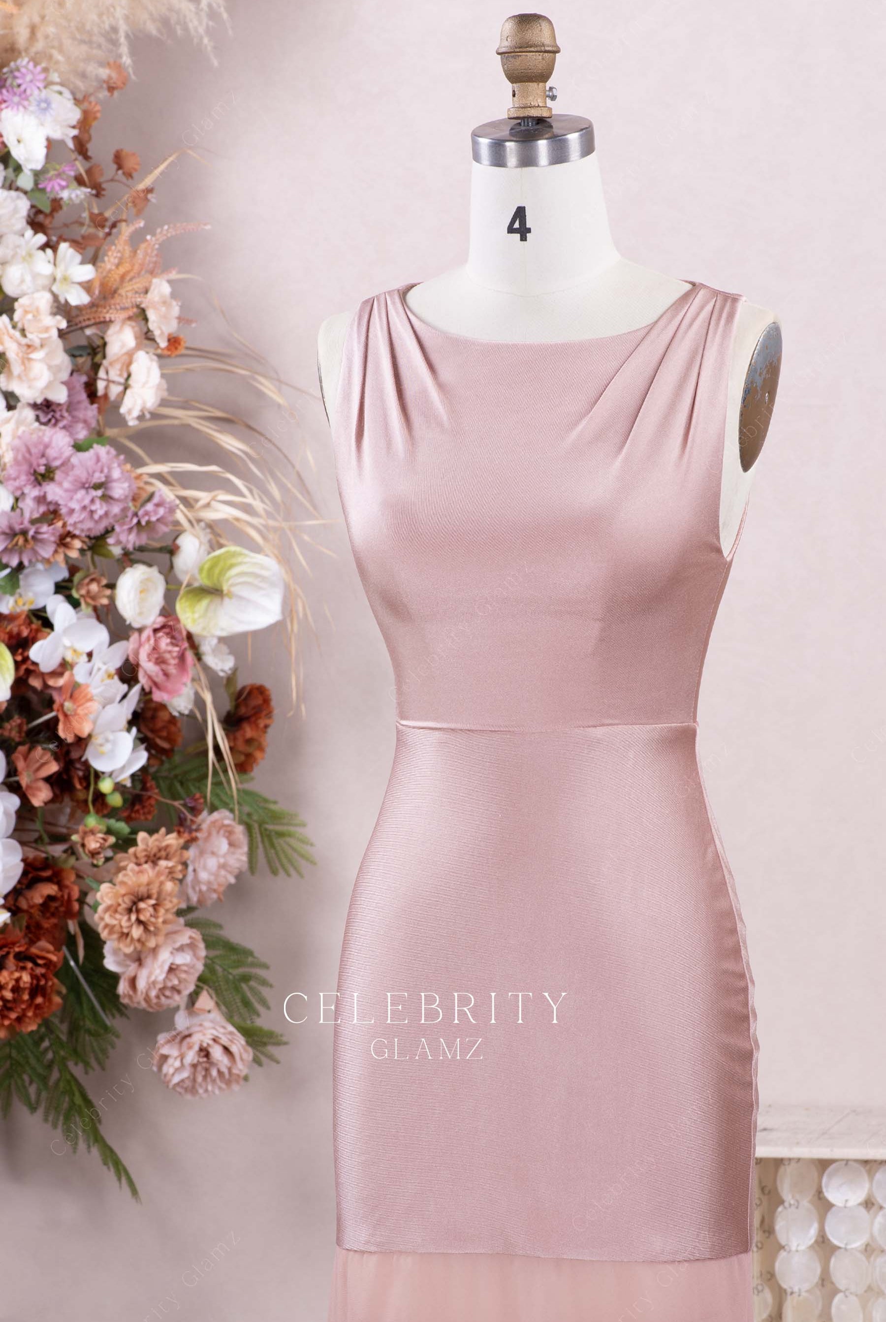 dusty rose boat neck party dress
