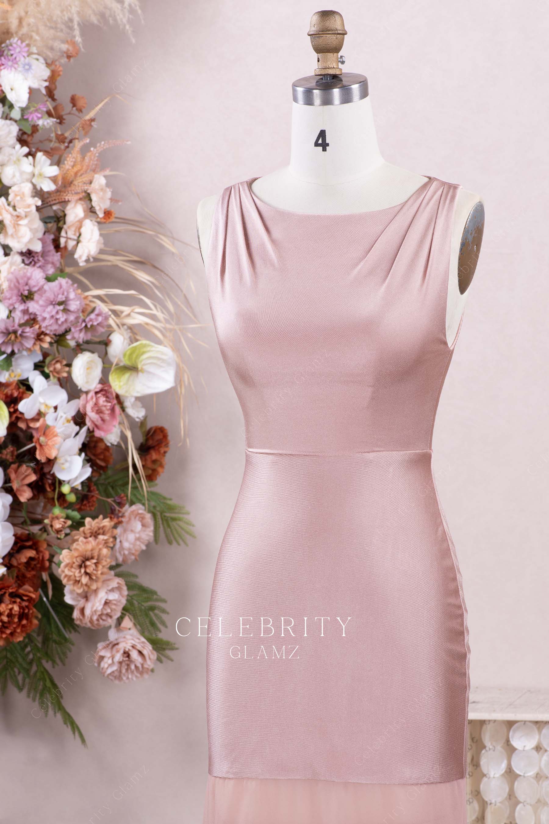 dusty rose boat neck party dress
