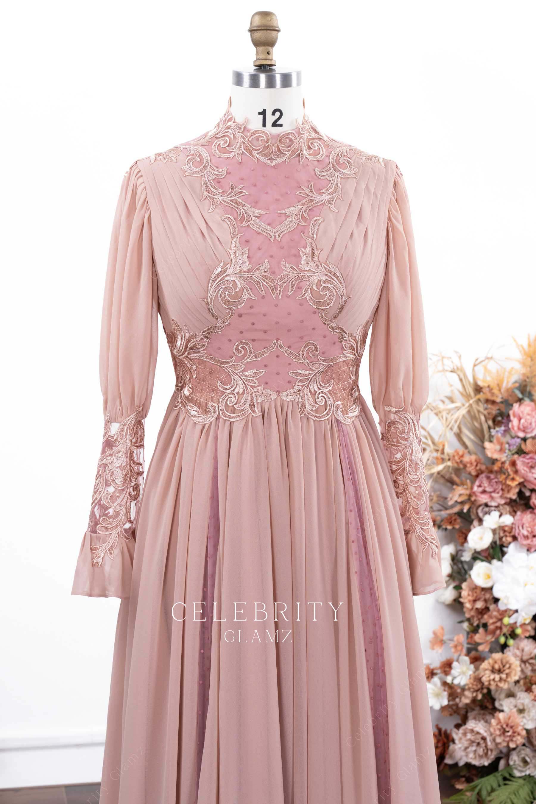 dusty rose high neck formal dress