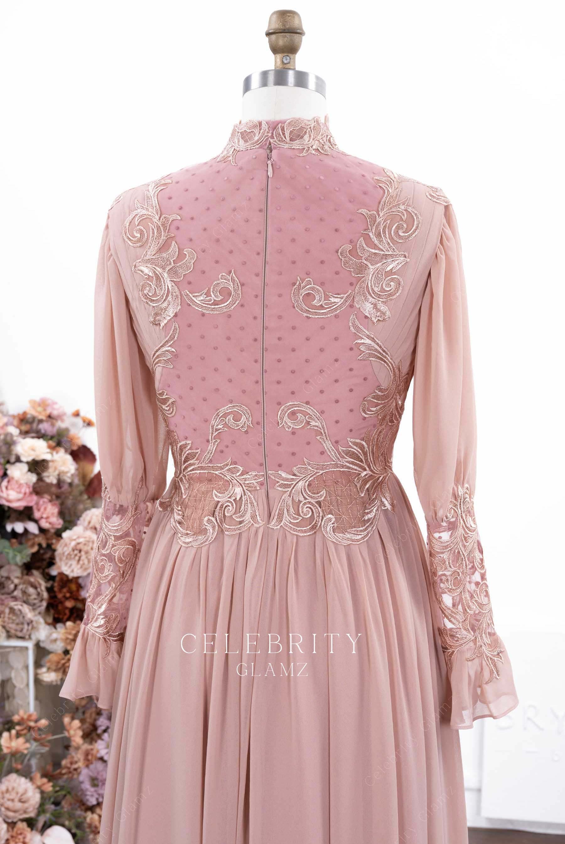dusty rose long sleeves formal dress