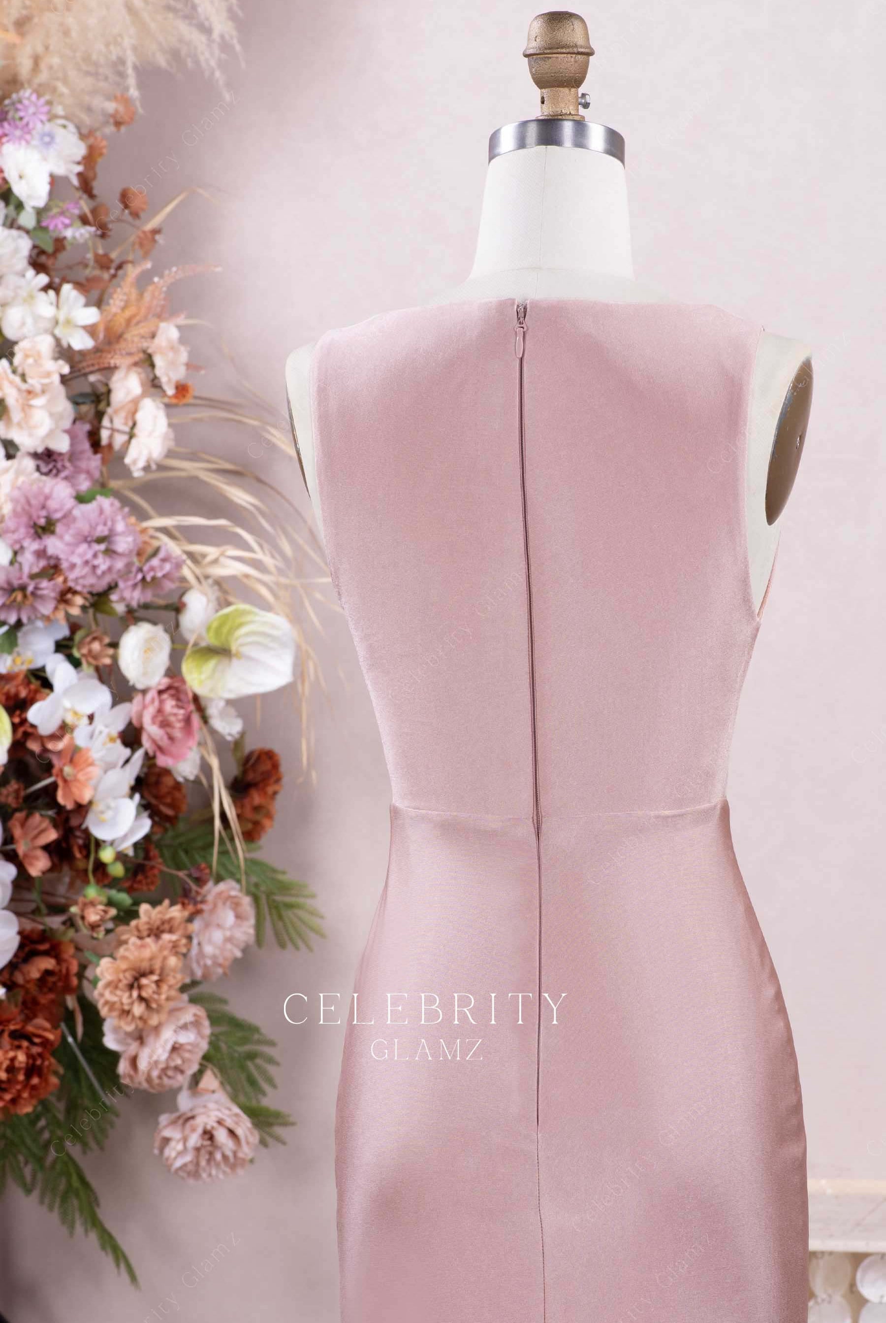 dusty rose satin sleeveless cocktail dress