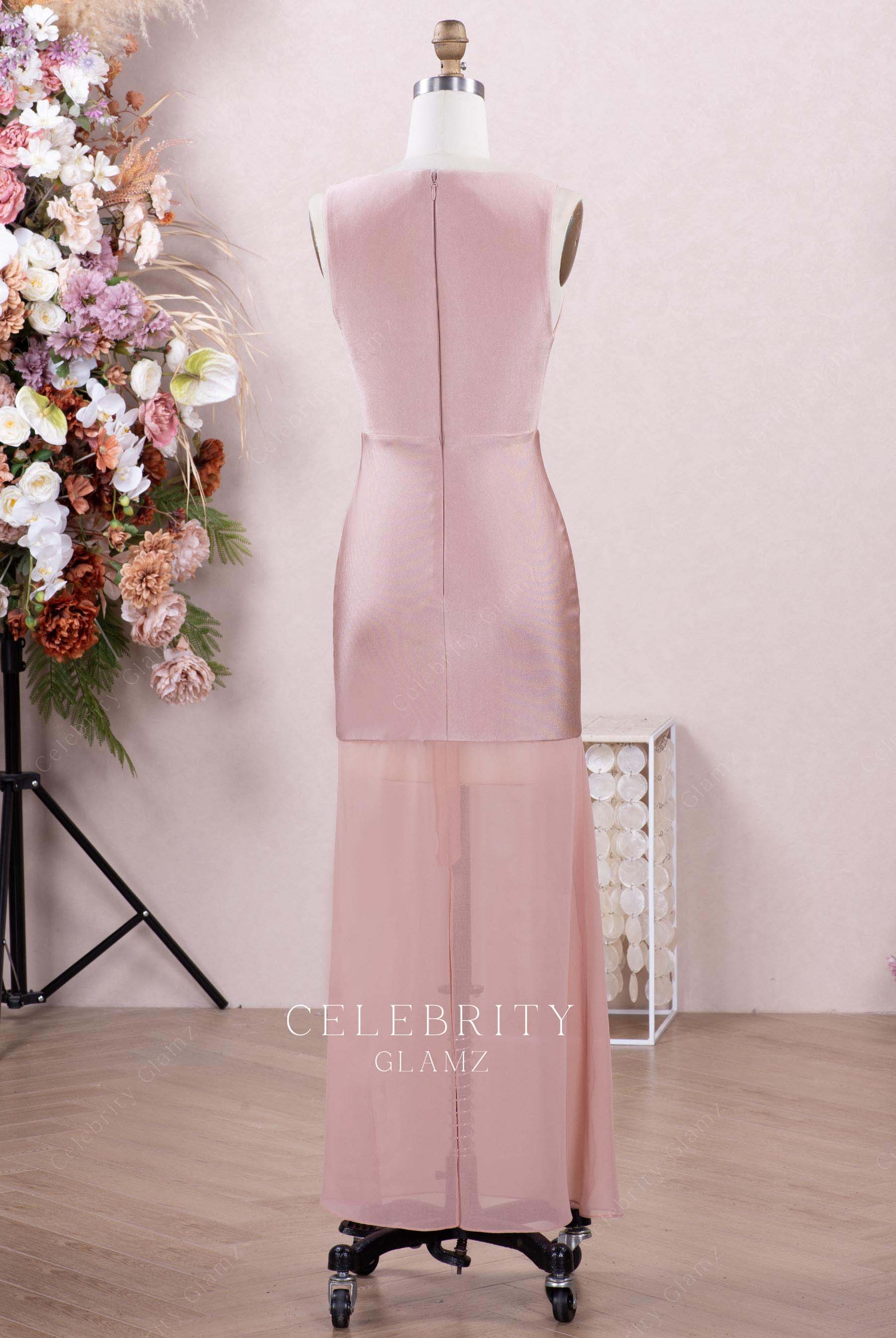 dusty rose sheer ankle length party dress