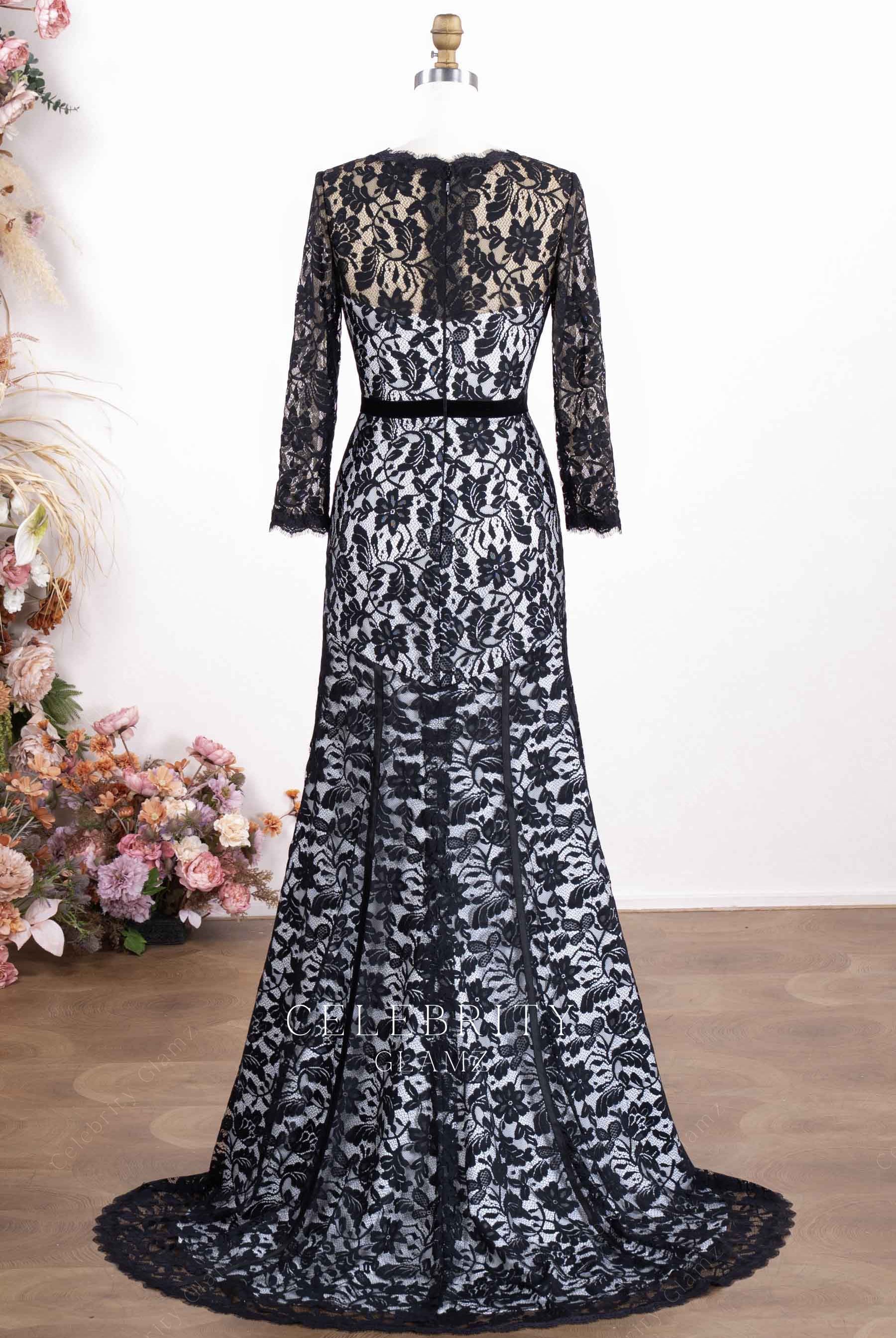 elegant black lace a line formal dress