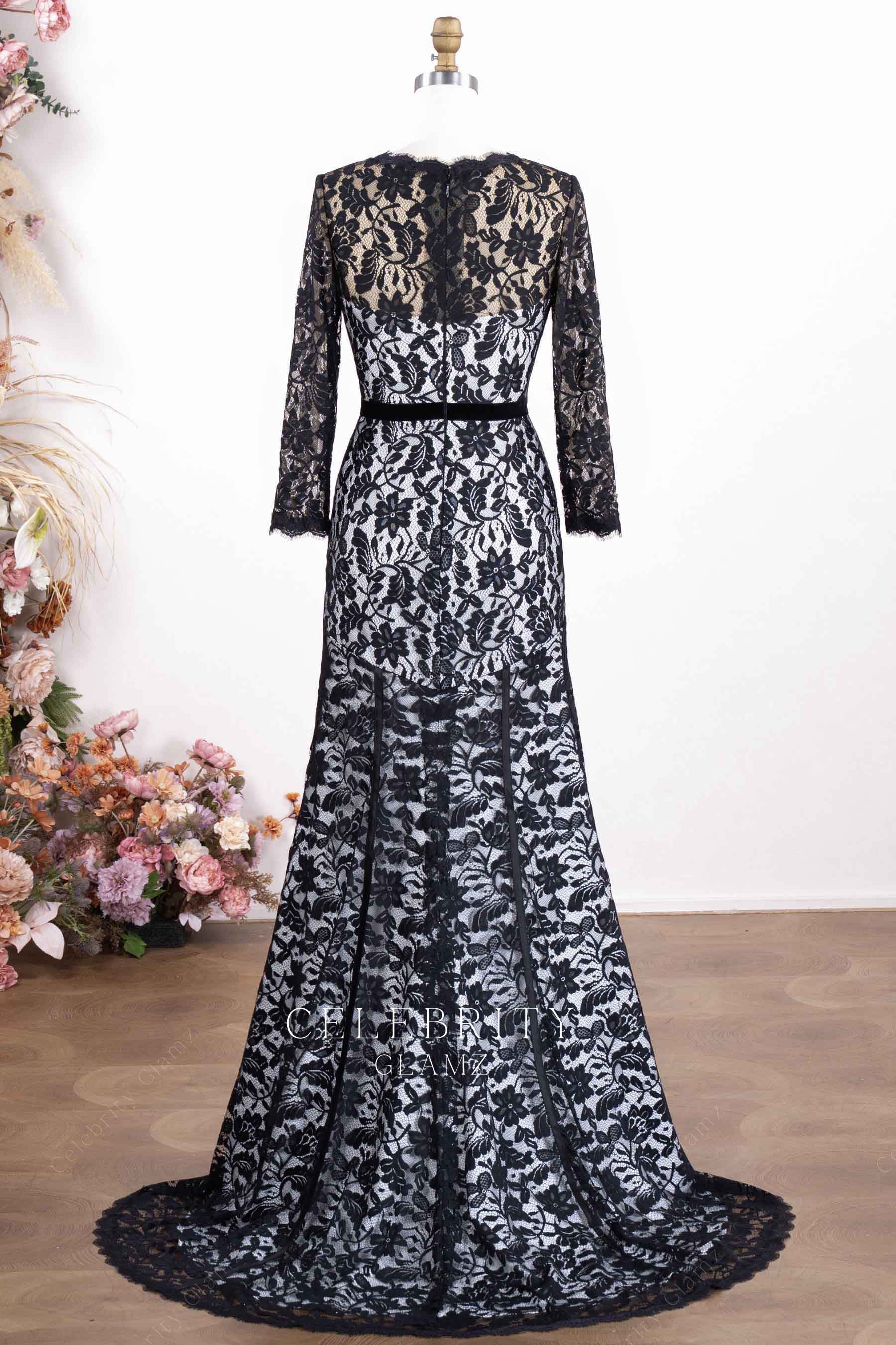 elegant black lace a line formal dress