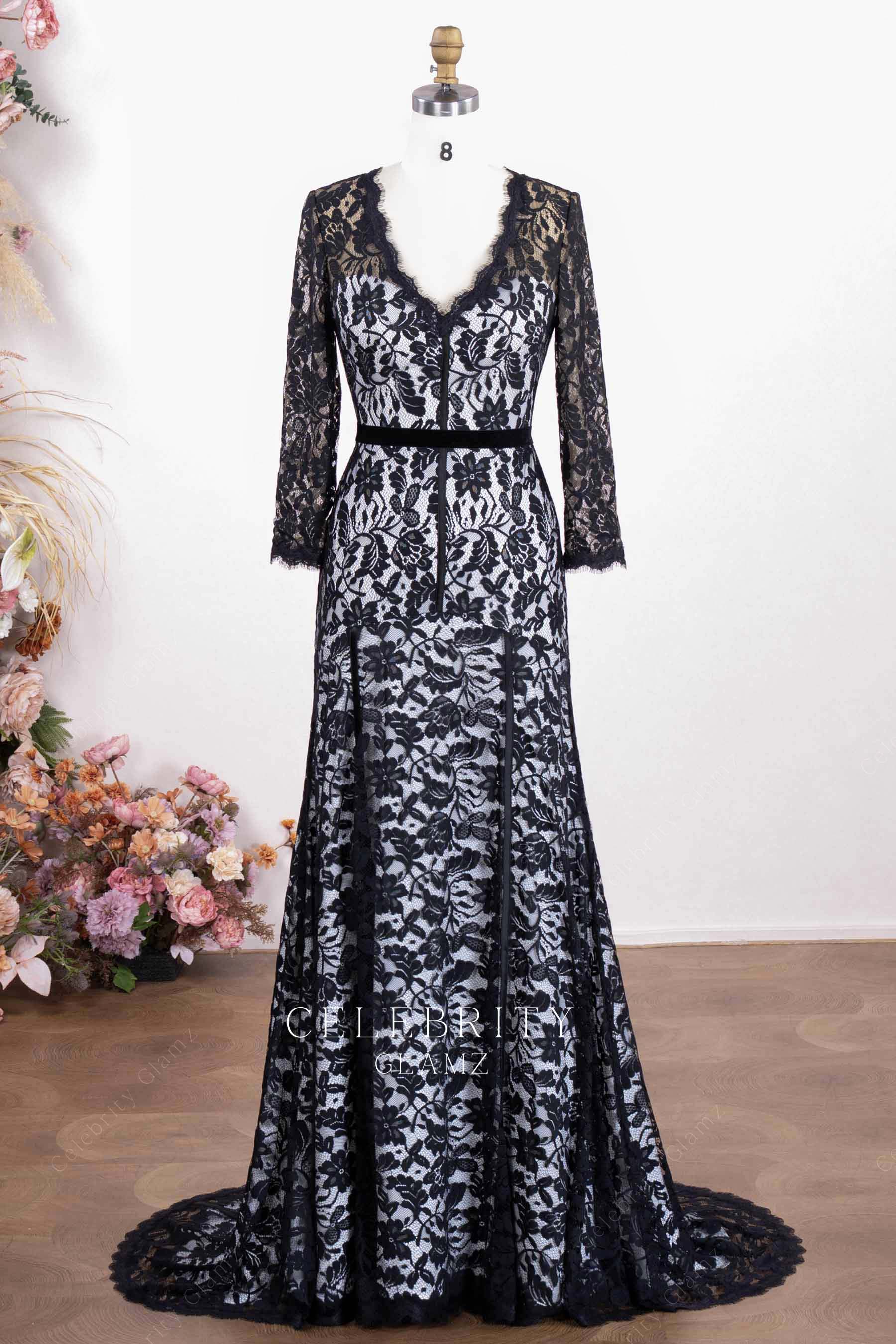 elegant black lace sweep train formal dress
