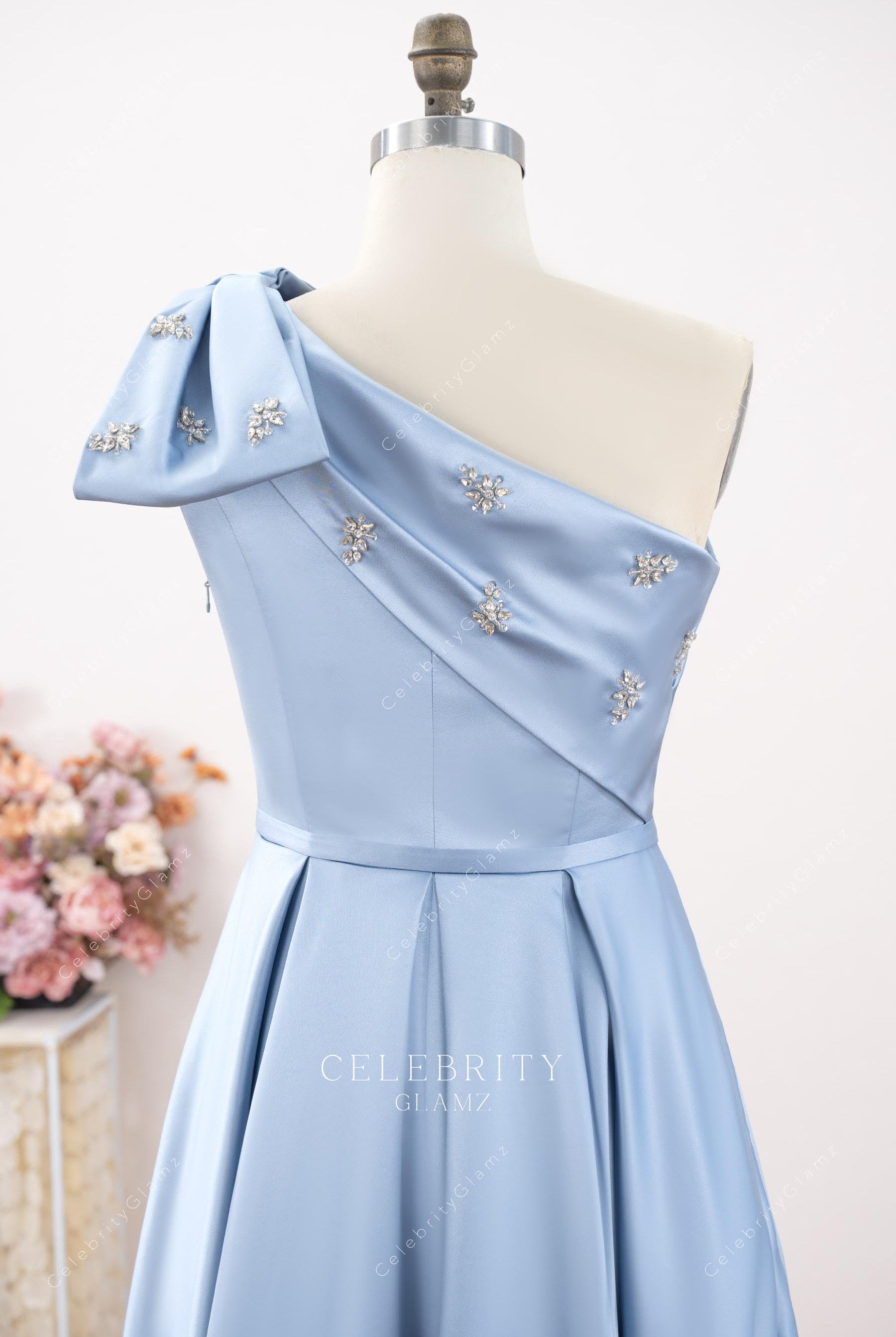 elegant blue satin mother of bride dress