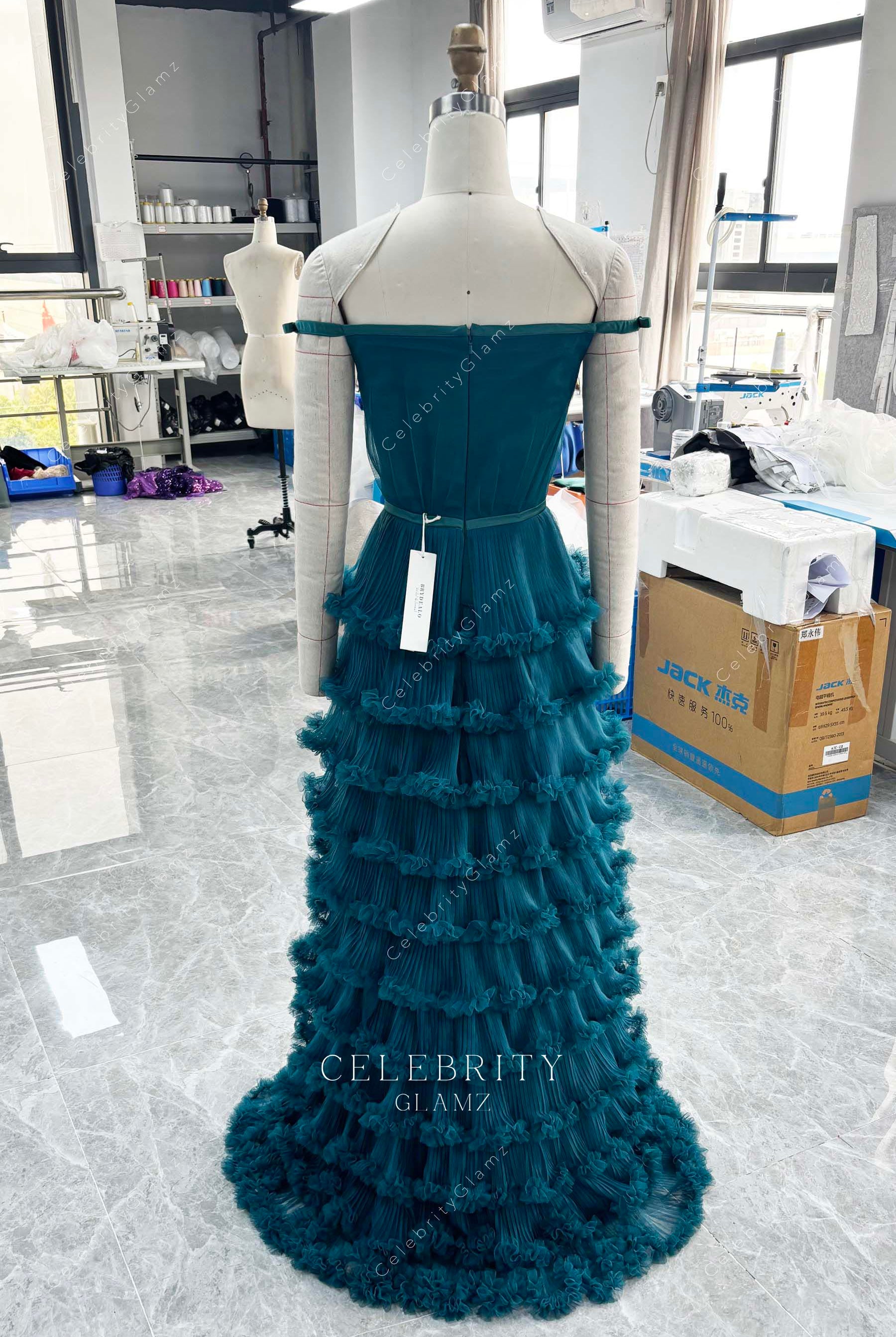 elegant peacock tiered tulle prom dress