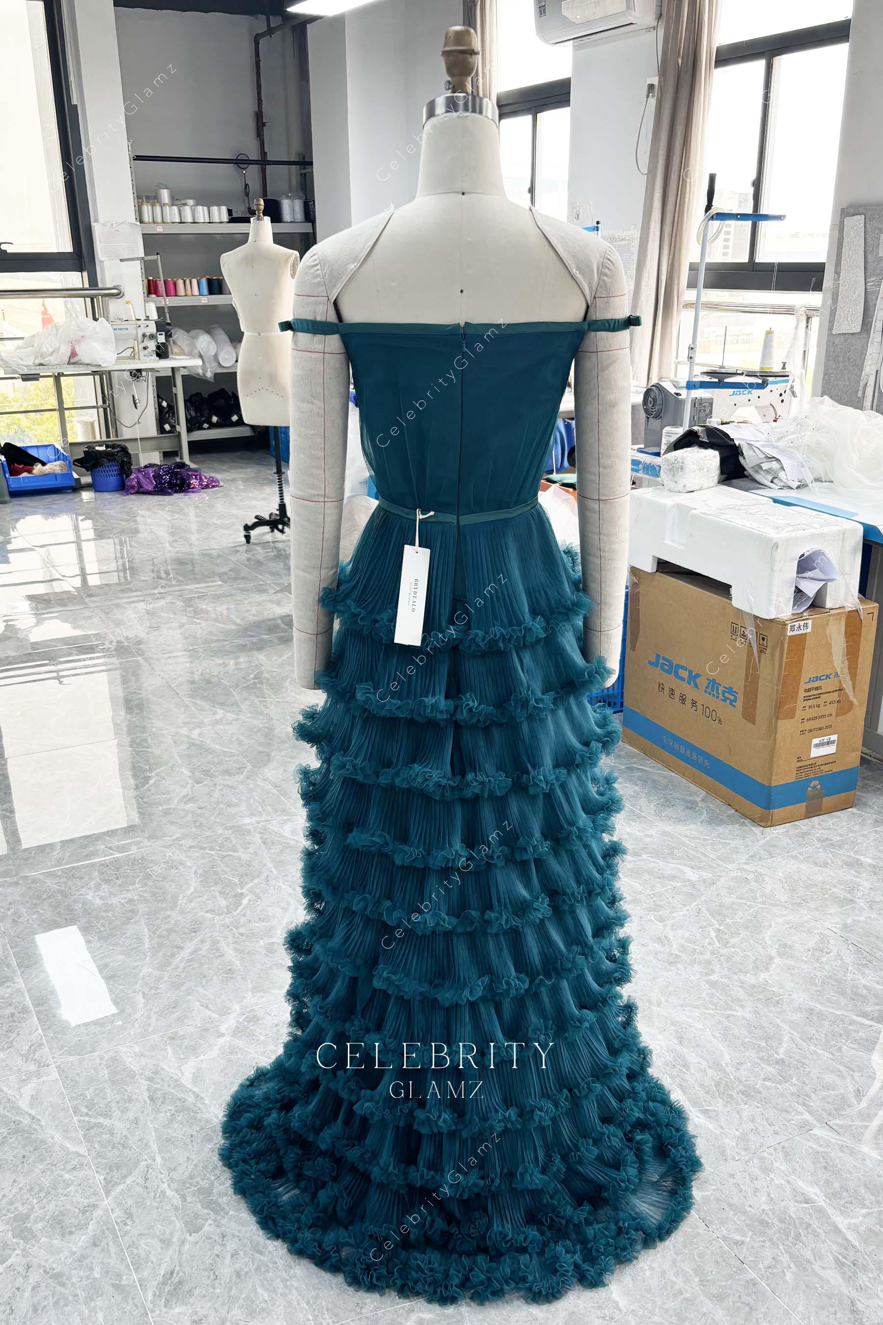 elegant peacock tiered tulle prom dress