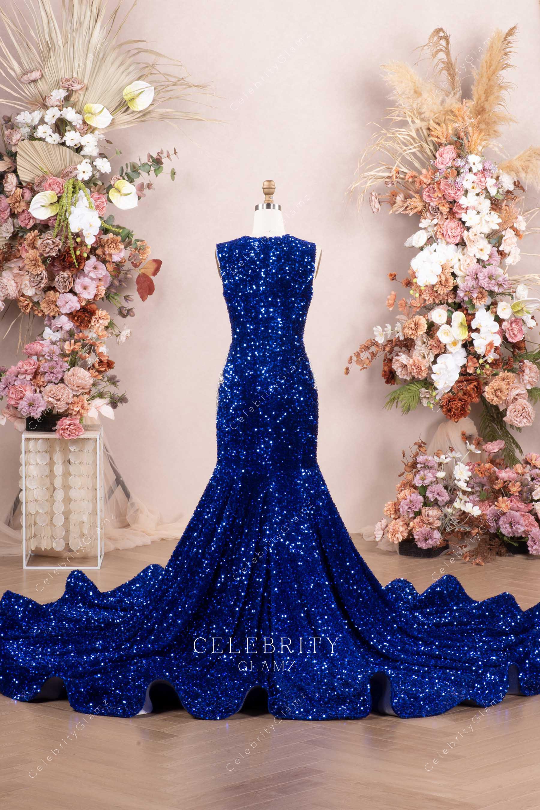 elegant royal blue sequined prom dress