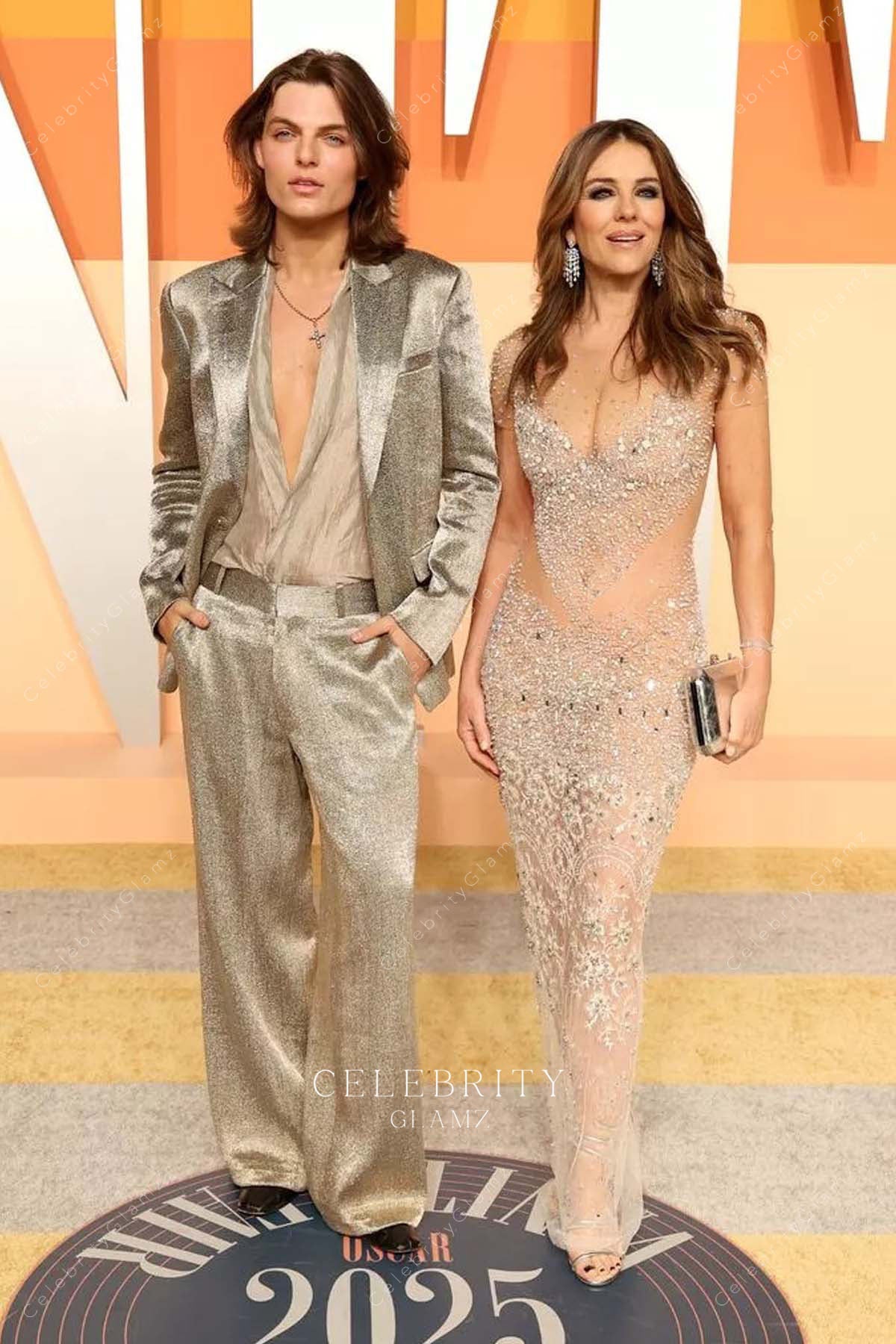 Elizabeth Hurley illusion cap sleeve 2025 Vanity fair party prom dress