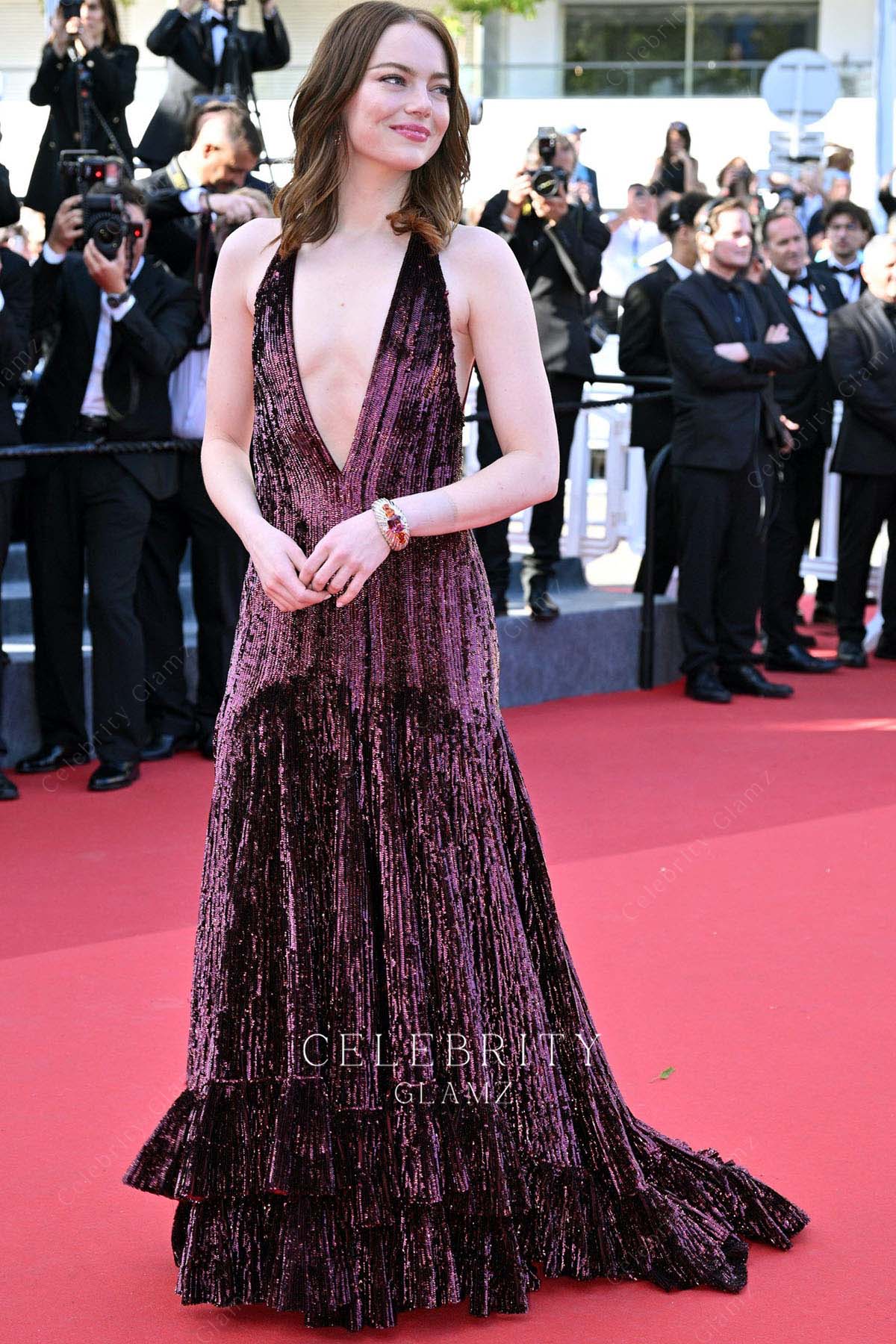 Emma Stone cabernet plunging neck prom dress Cannes film festival red carpet 2024