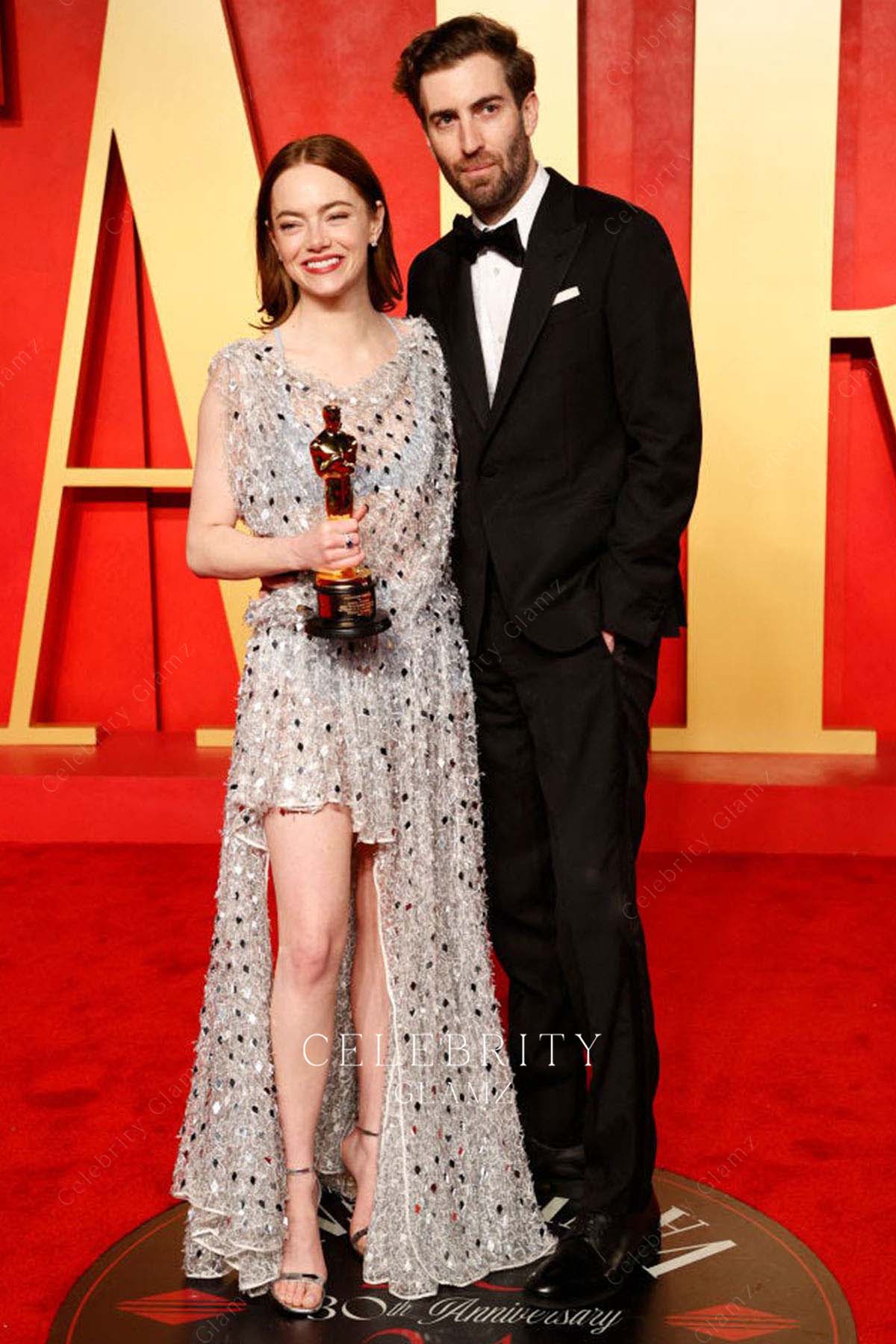 Emma Stone glitter prom dress 2024 Oscars after party