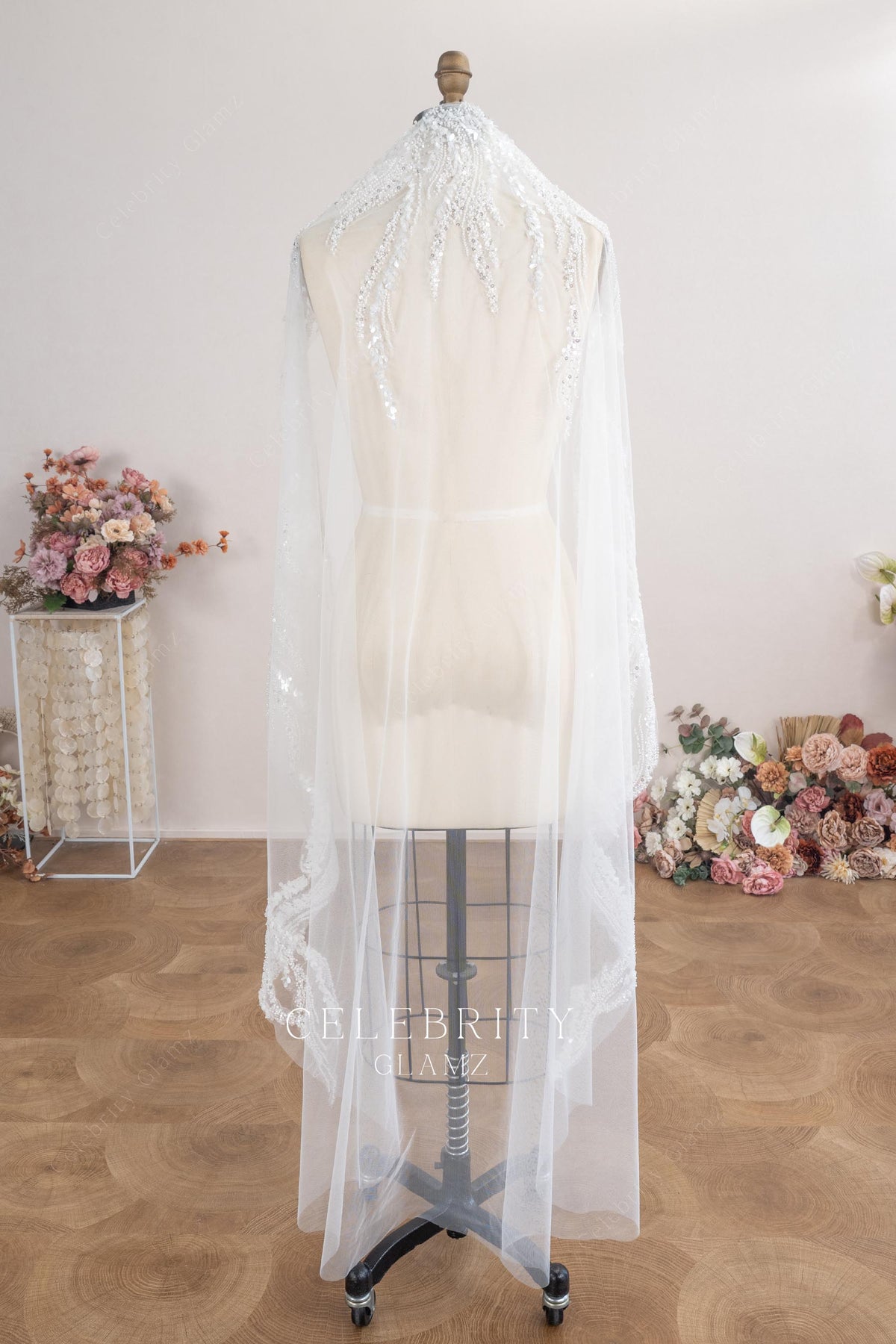 exquisite beaded lace Waltz length veil