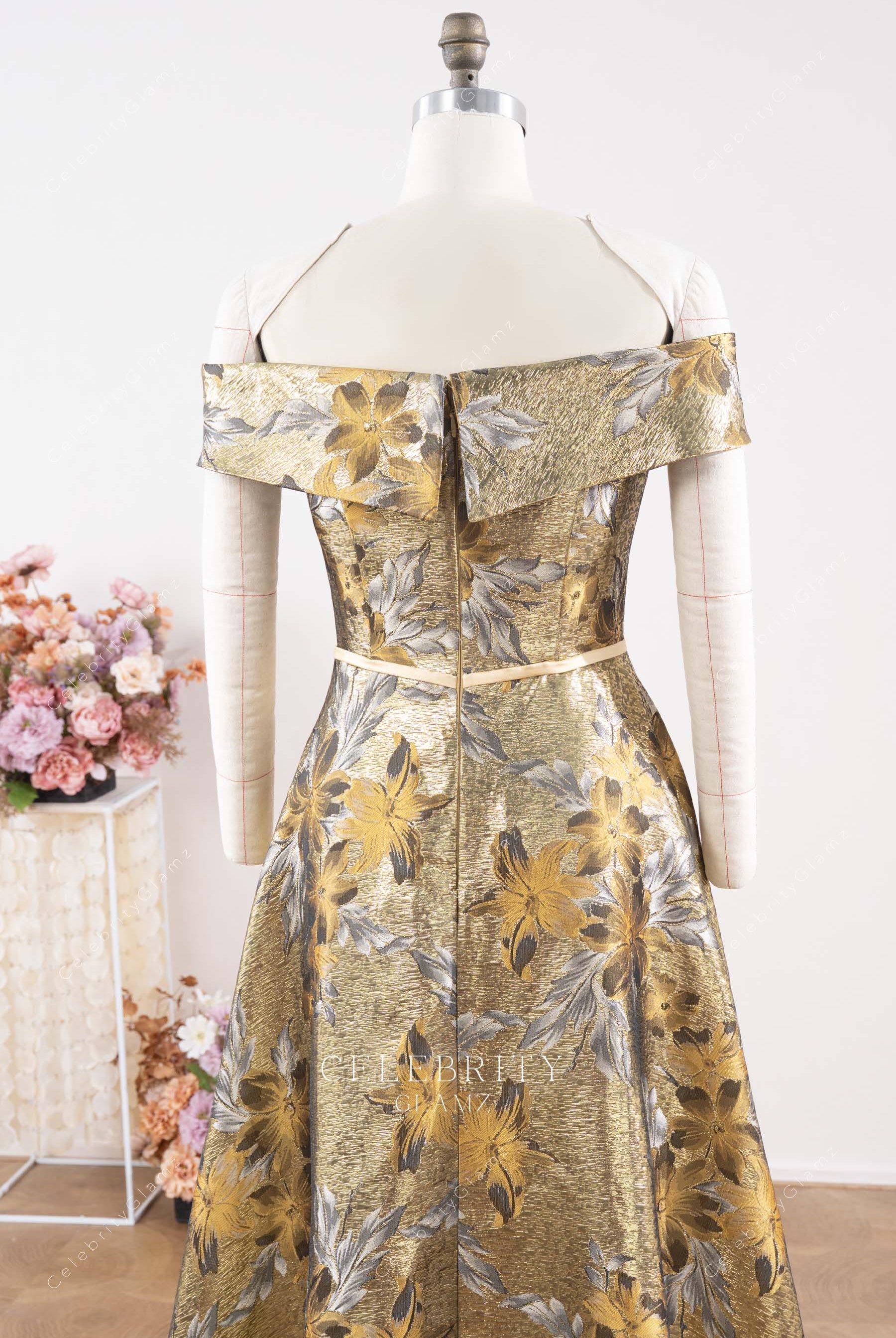 exquisite gold jacquard mother of bride dress
