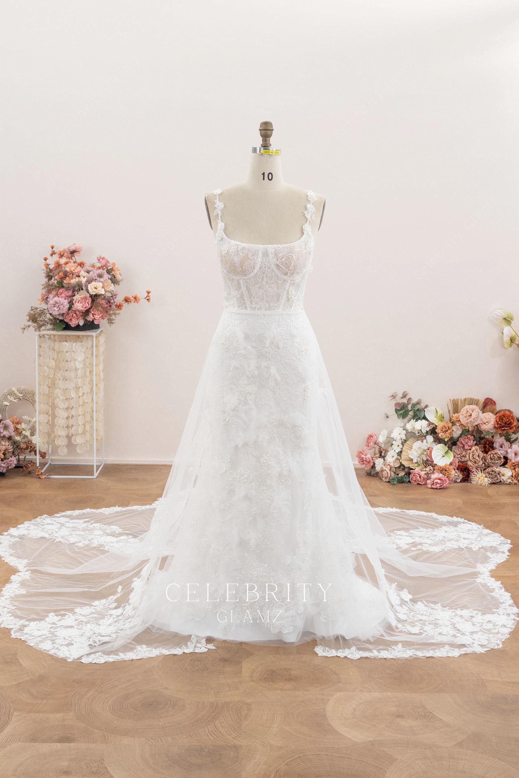 exquisite lace overskirt wedding dress