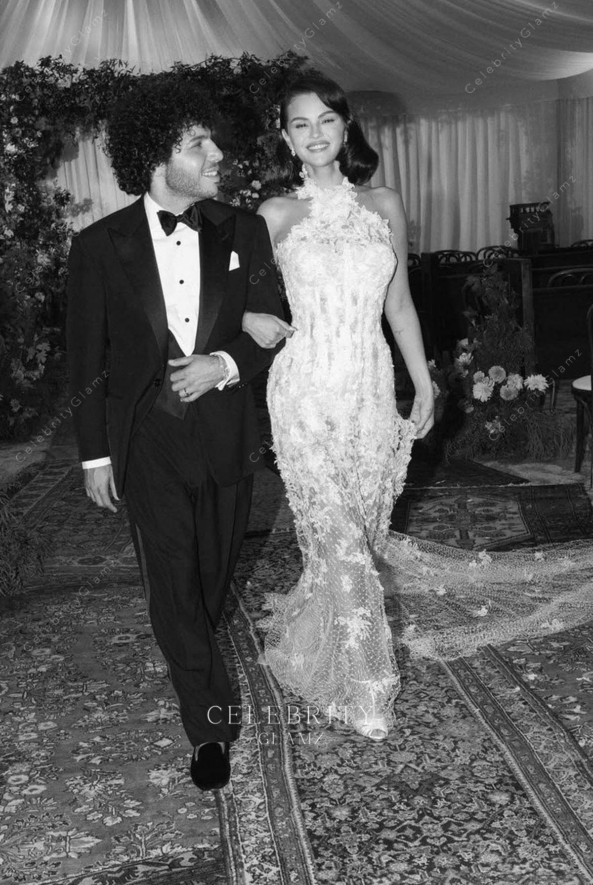 exquisite sheer lace Selena Gomez 2025 wedding dress