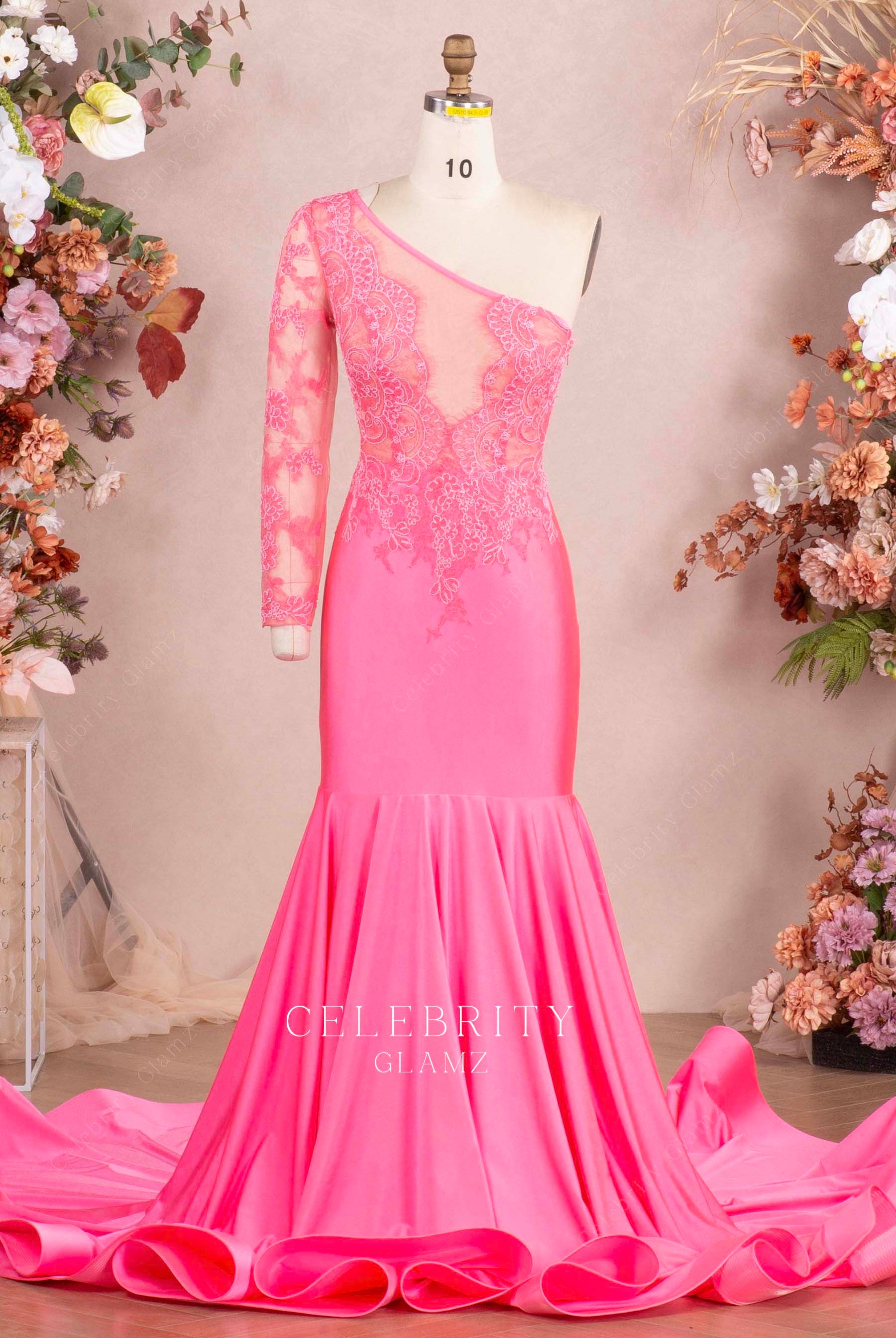 flamingo chic one sleeve trumpet prom dress