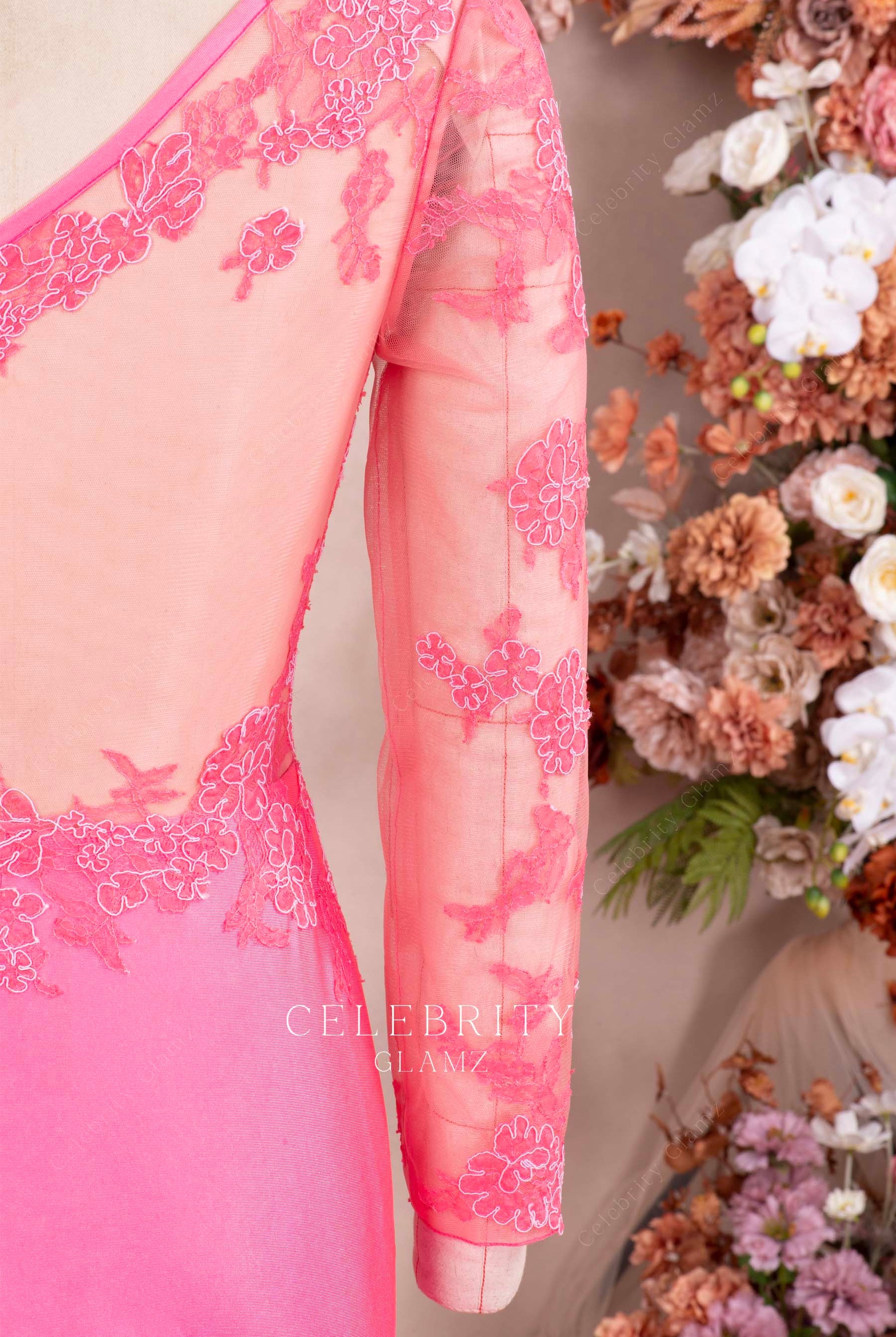 flamingo lace illusion sleeve prom dress