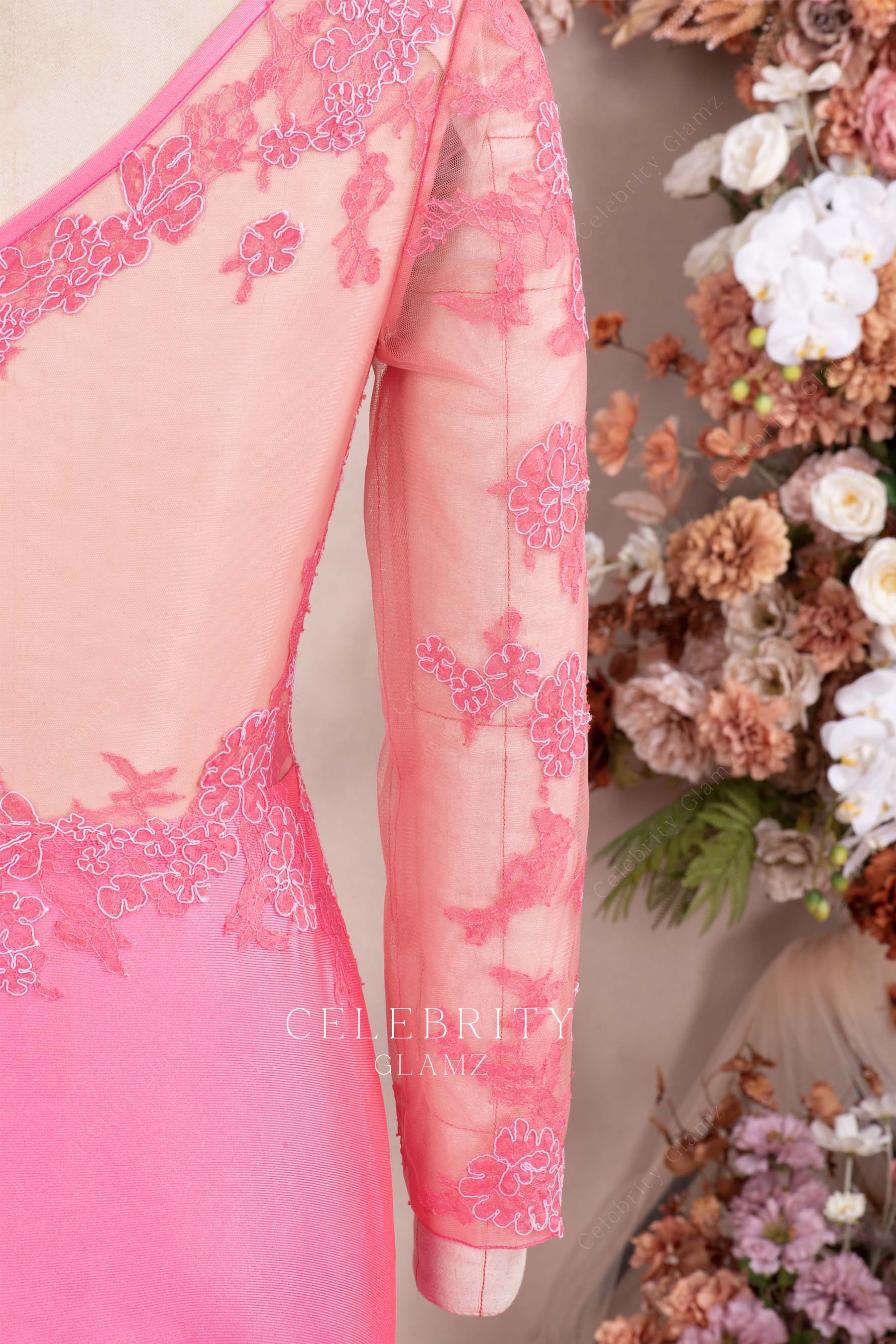 flamingo lace illusion sleeve prom dress