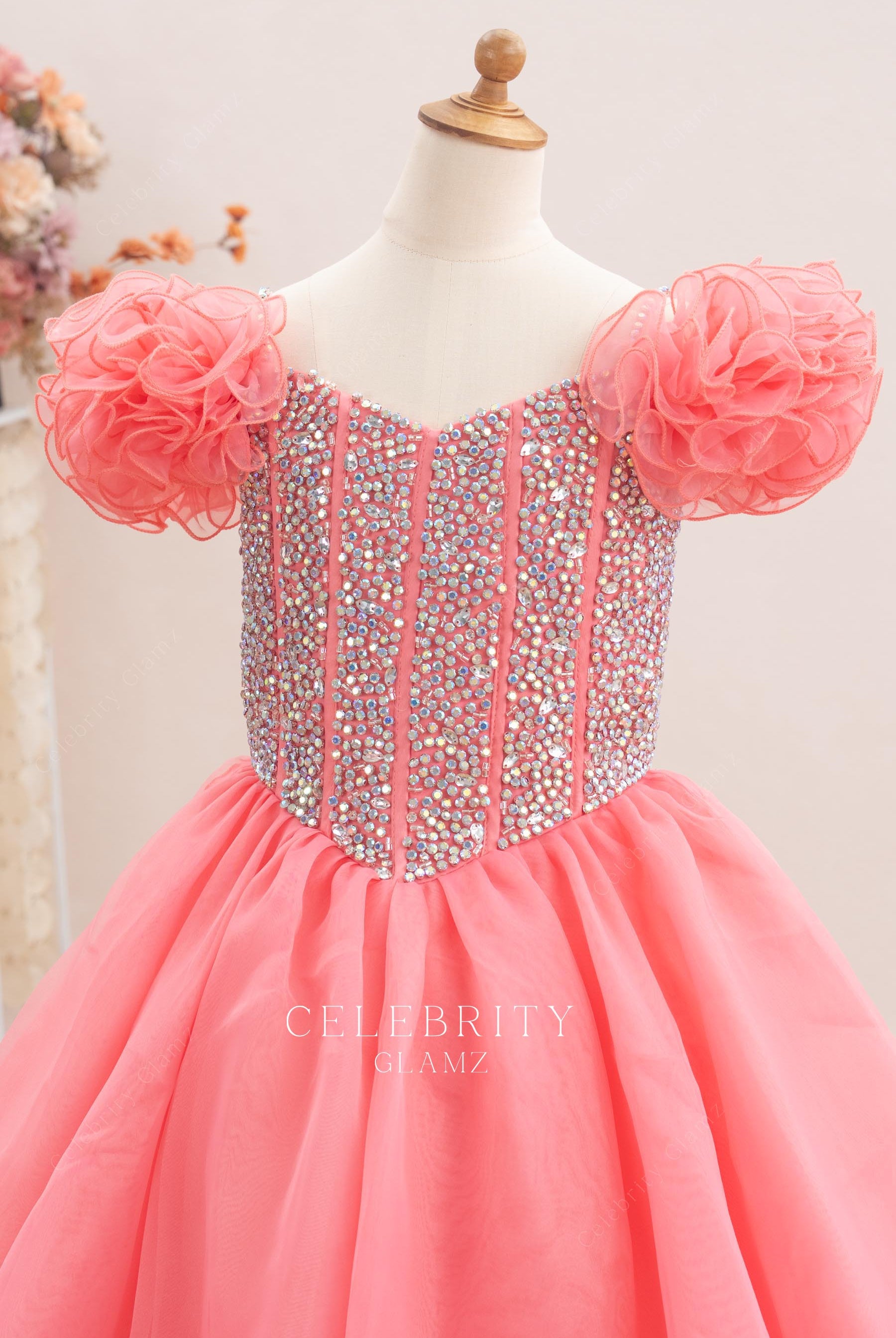 flamingo organza Basque waist pageant gown