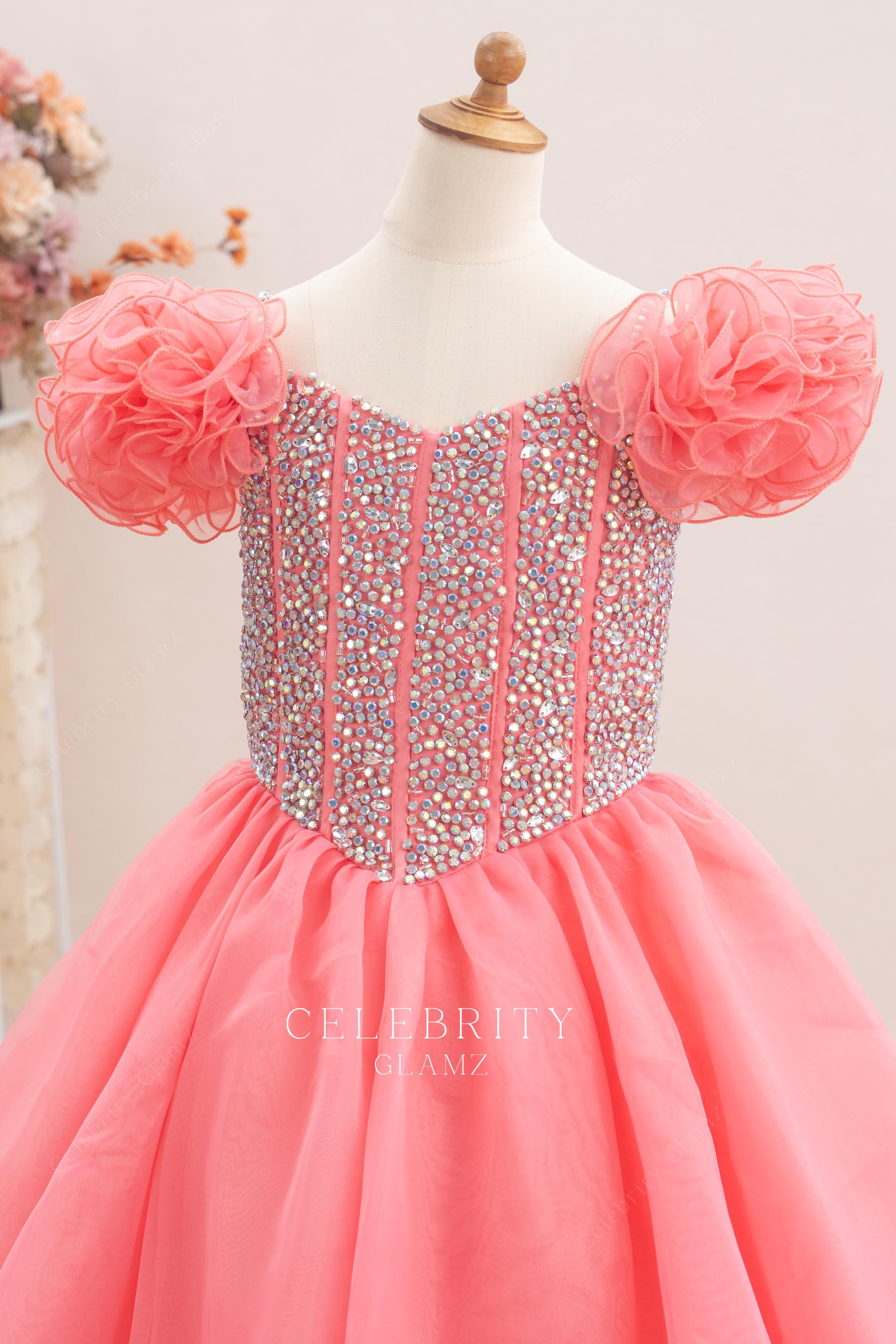 flamingo organza Basque waist pageant gown