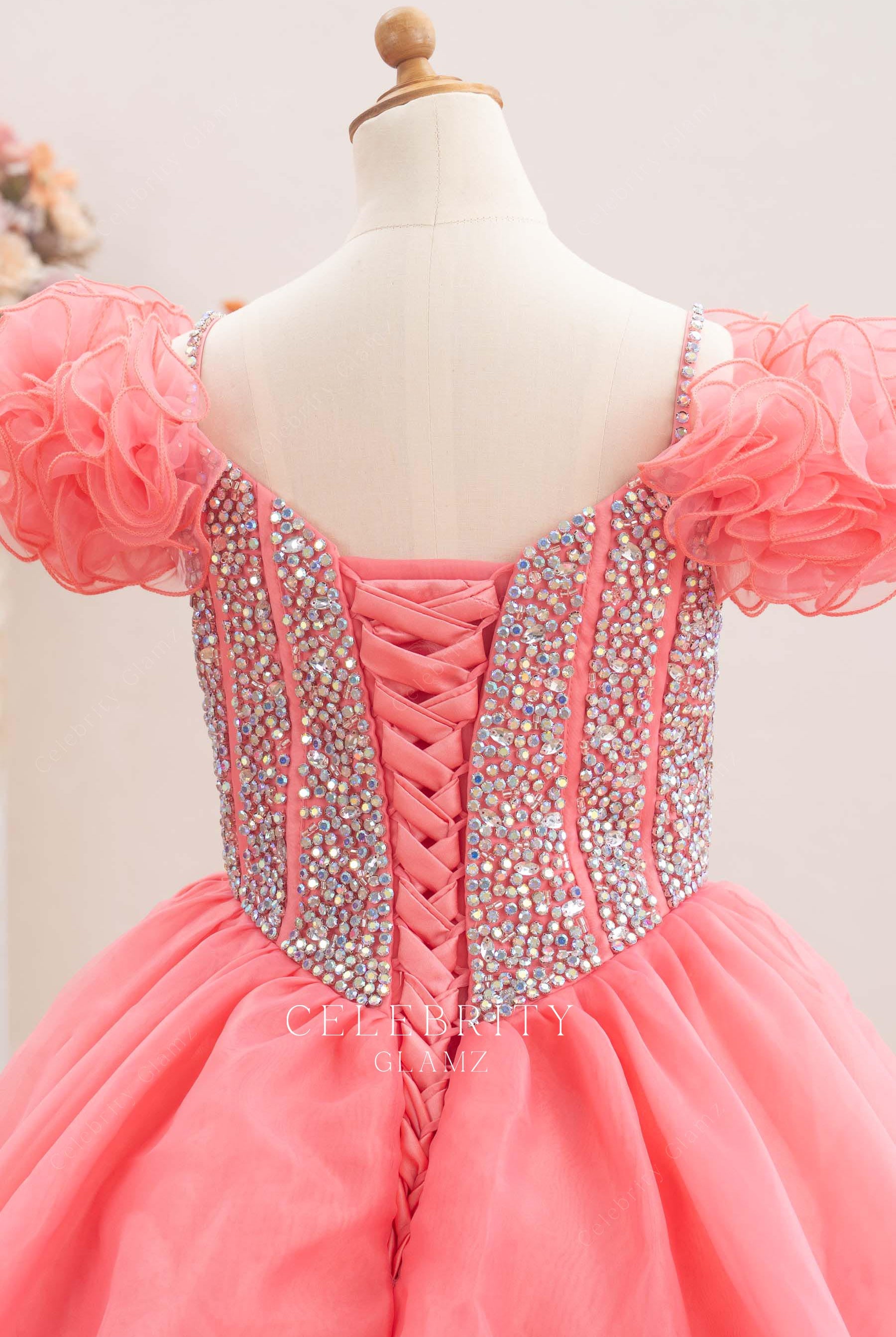 flamingo organza lace up back pageant gown