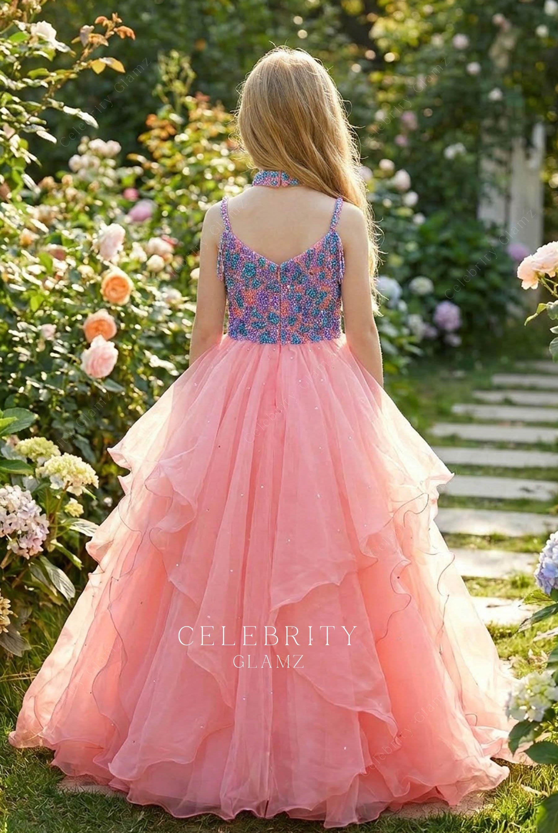 flamingo organza v back pageant gown