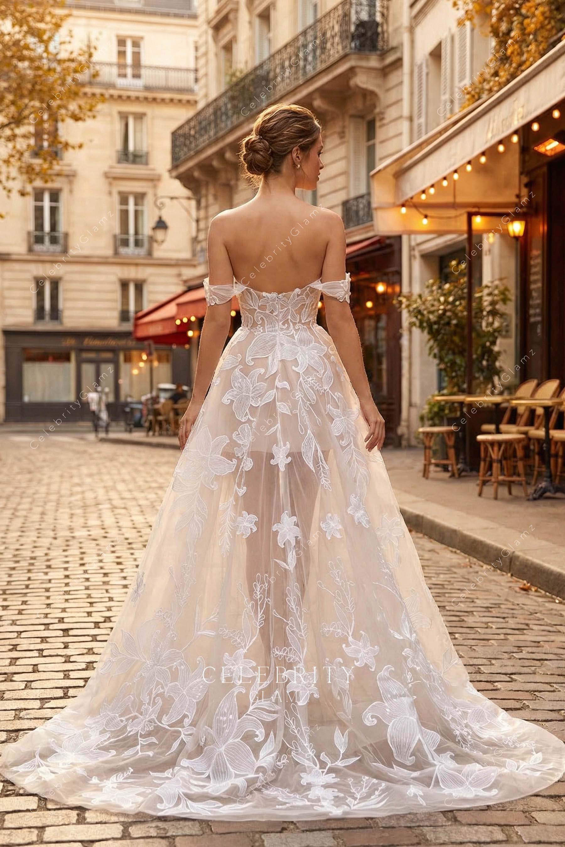 floral lace a line long train wedding dress
