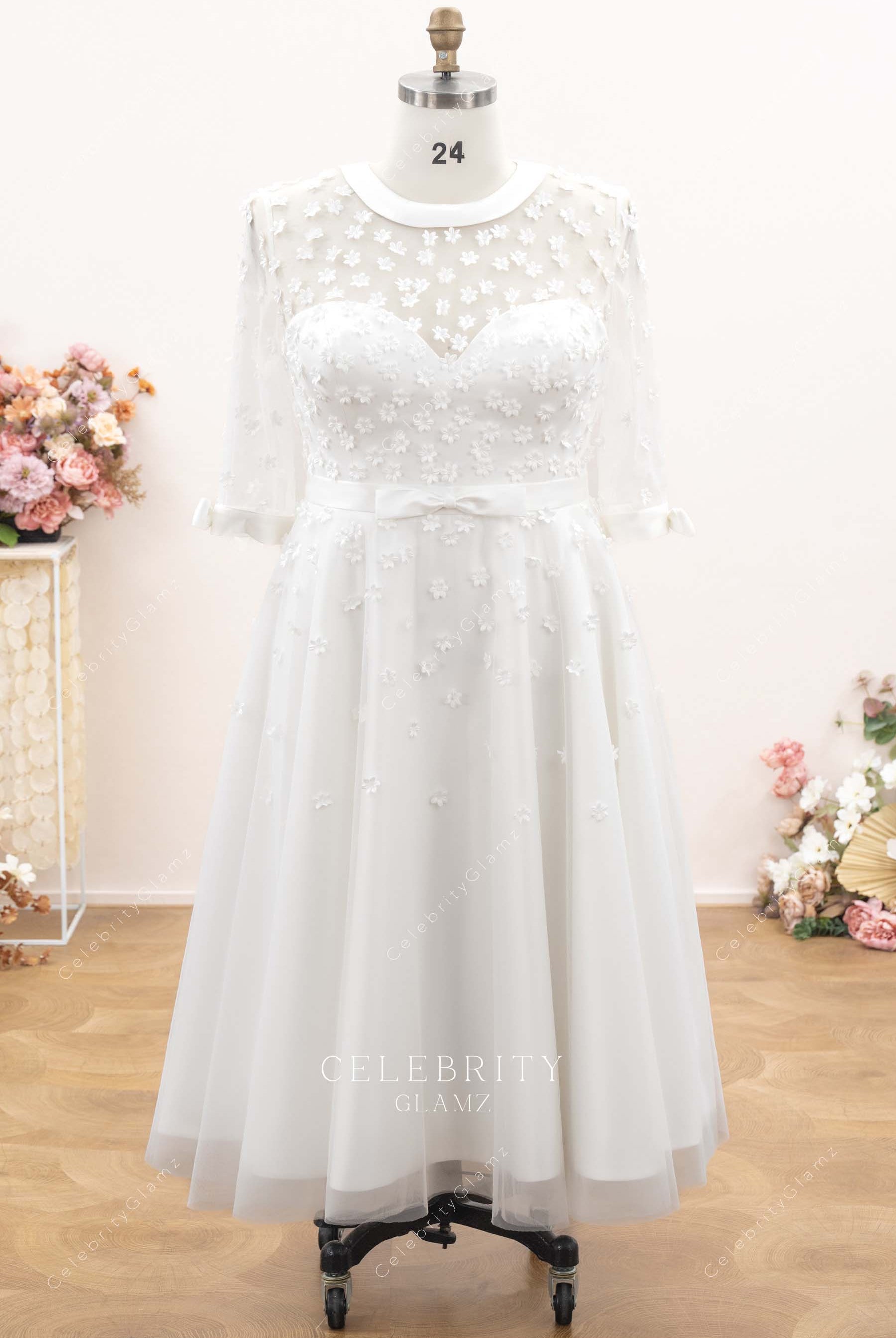 floral lace a line wedding dress