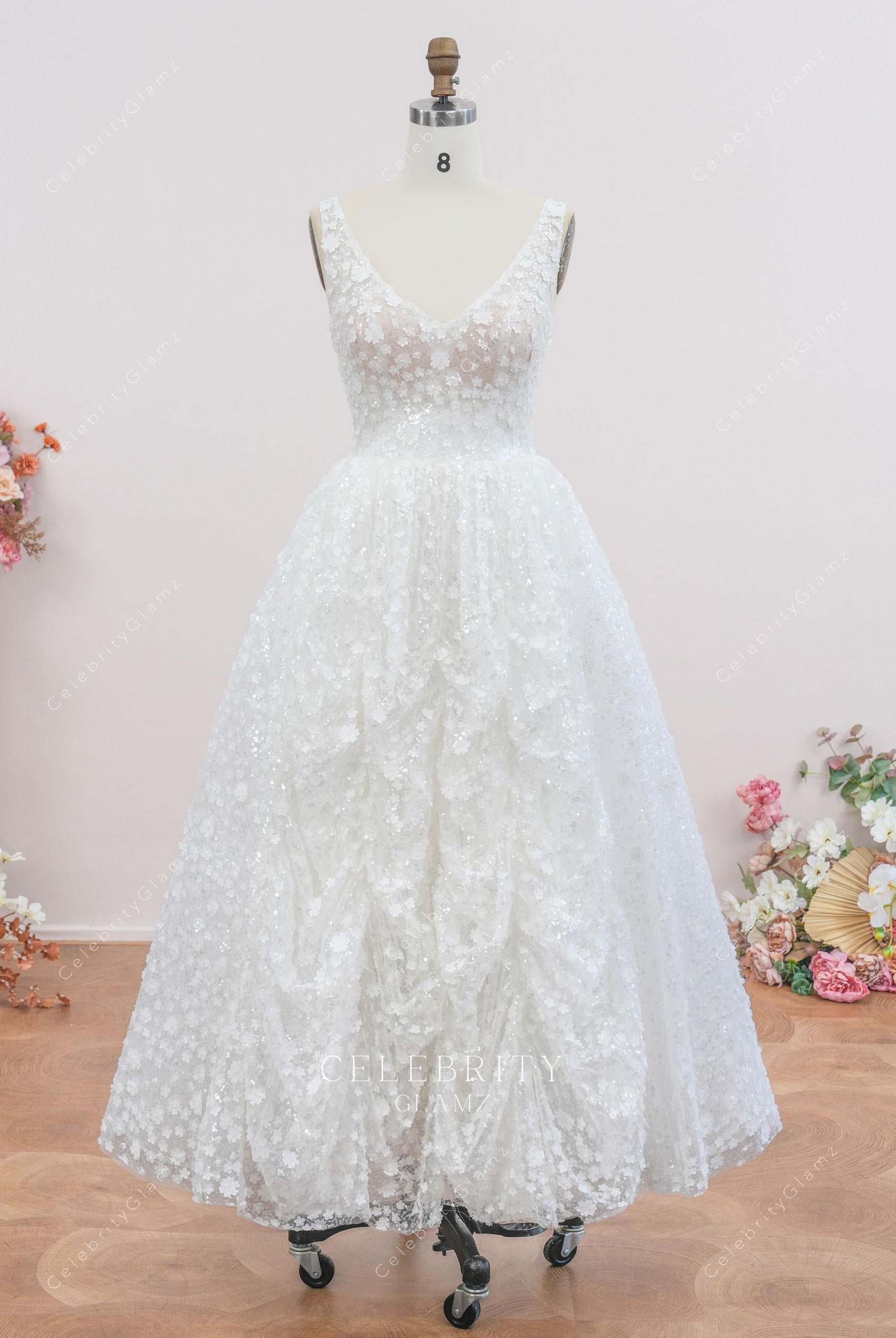 floral lace a line wedding dress