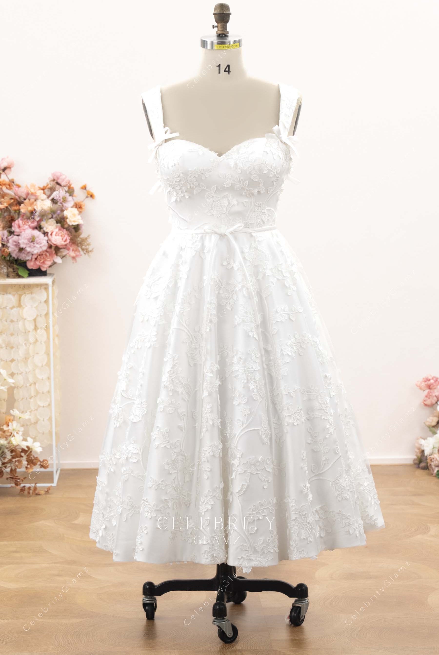 floral lace tea length bridal dress