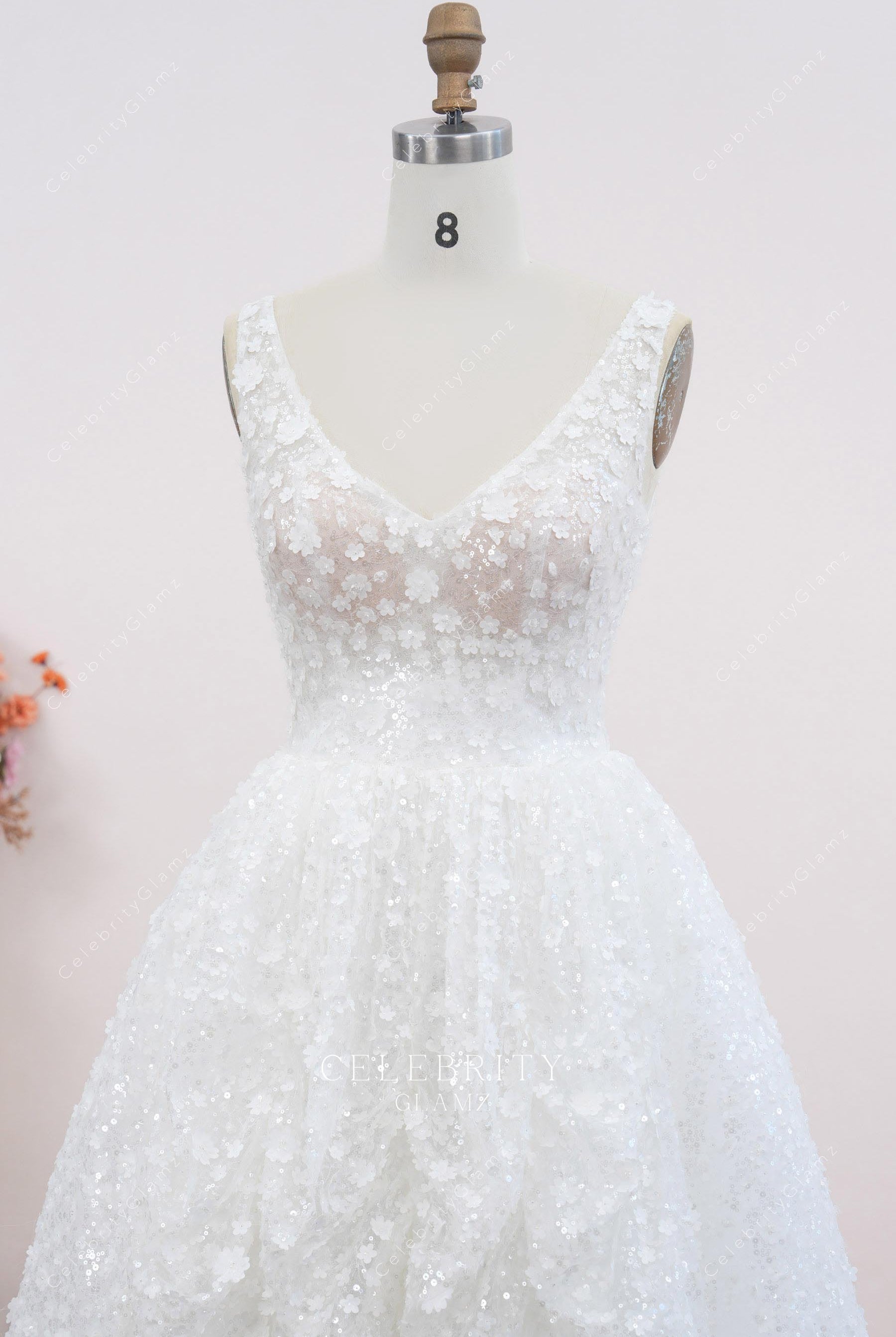 floral lace neck a line wedding dress