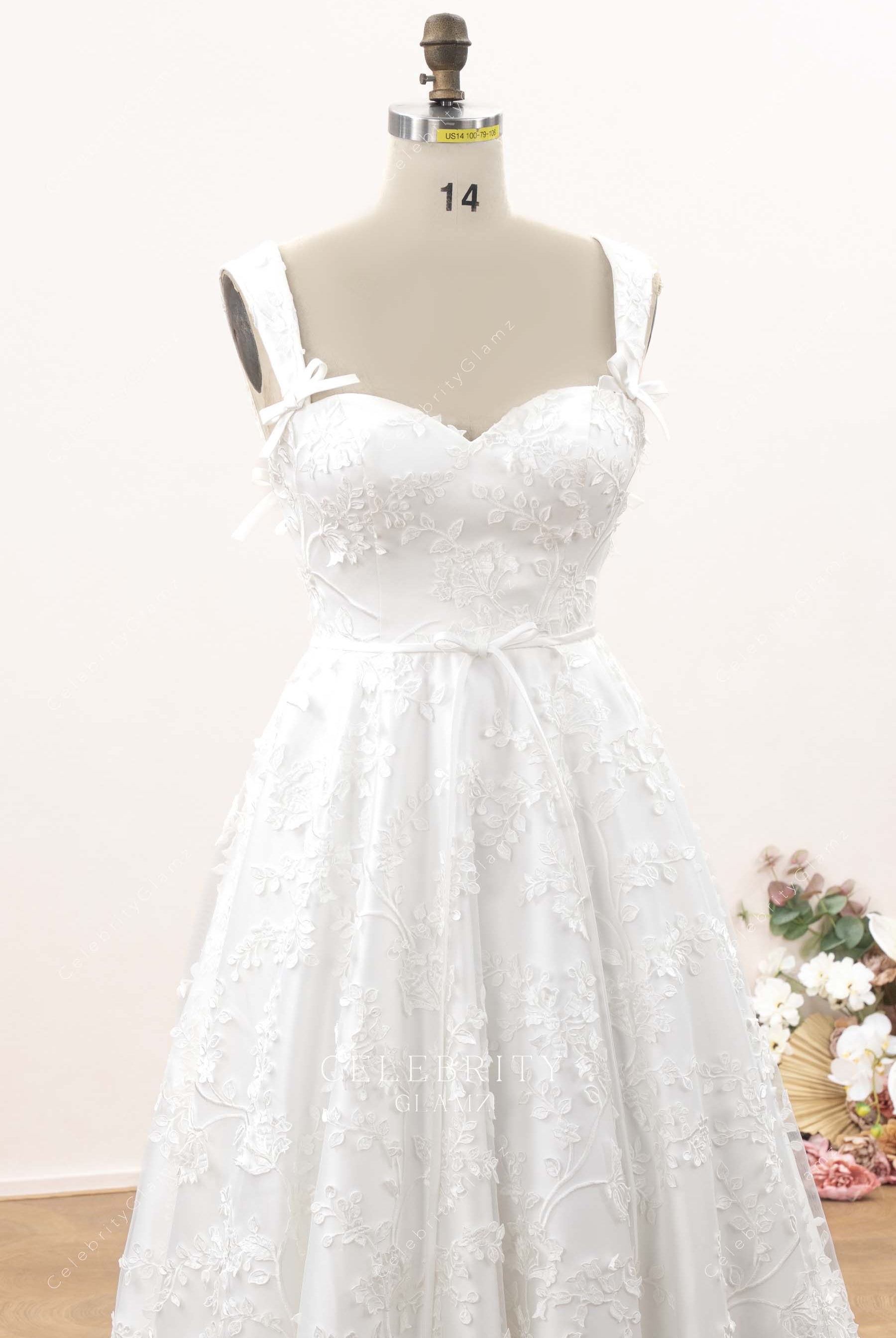 floral lace wide straps bridal dress