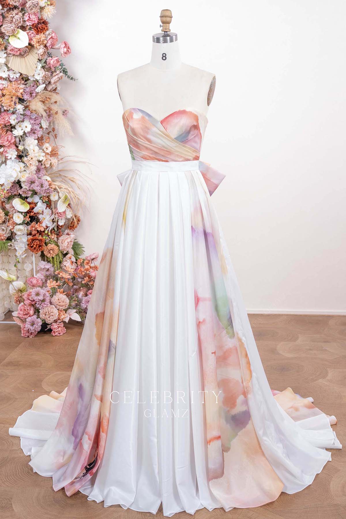 floral print strapless wedding dress