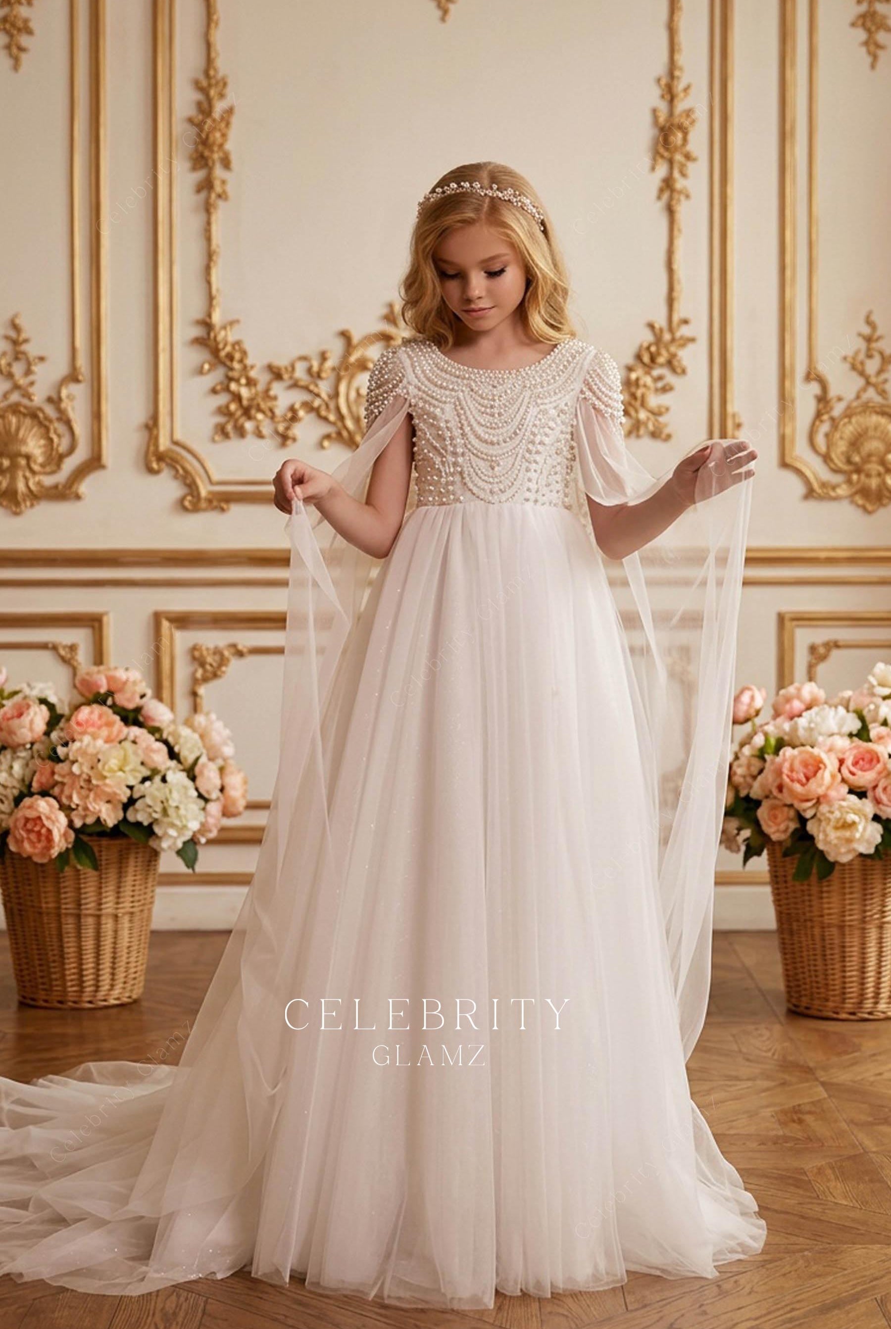 flowy cape sleeve first communion dress