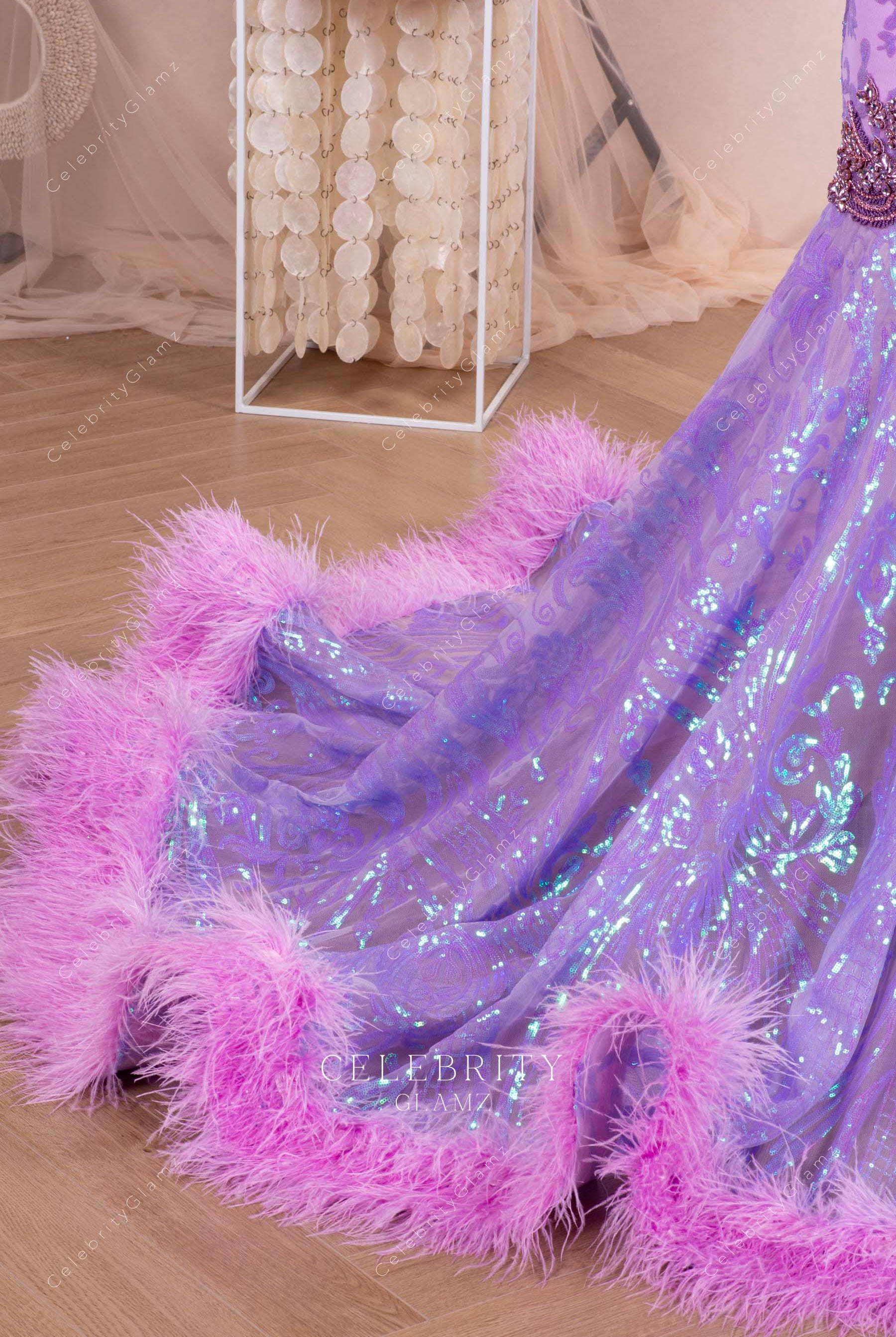 fluffy feather hem mermaid formal dress