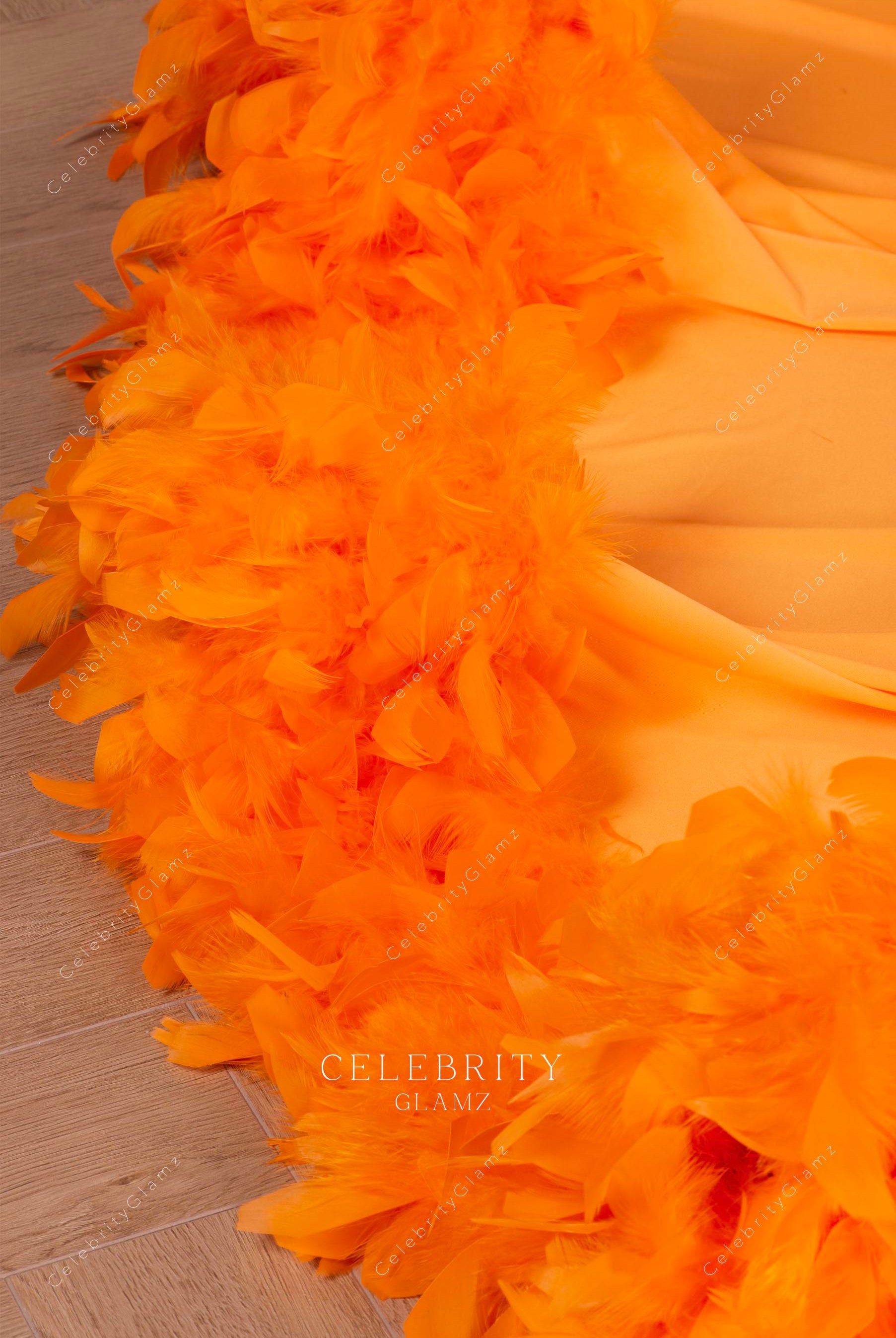 fluffy orange feathers prom dress