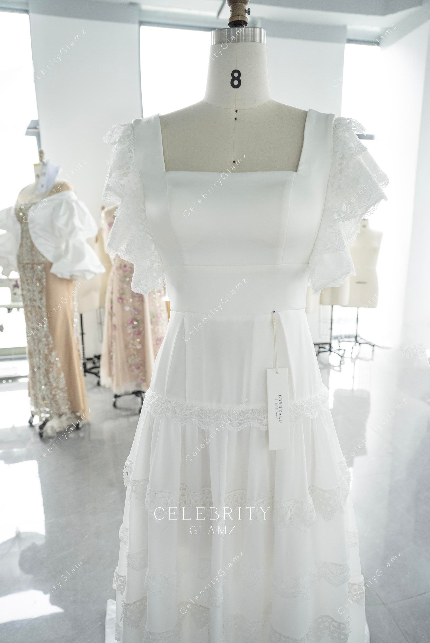 flutter sleeve a line wedding dress
