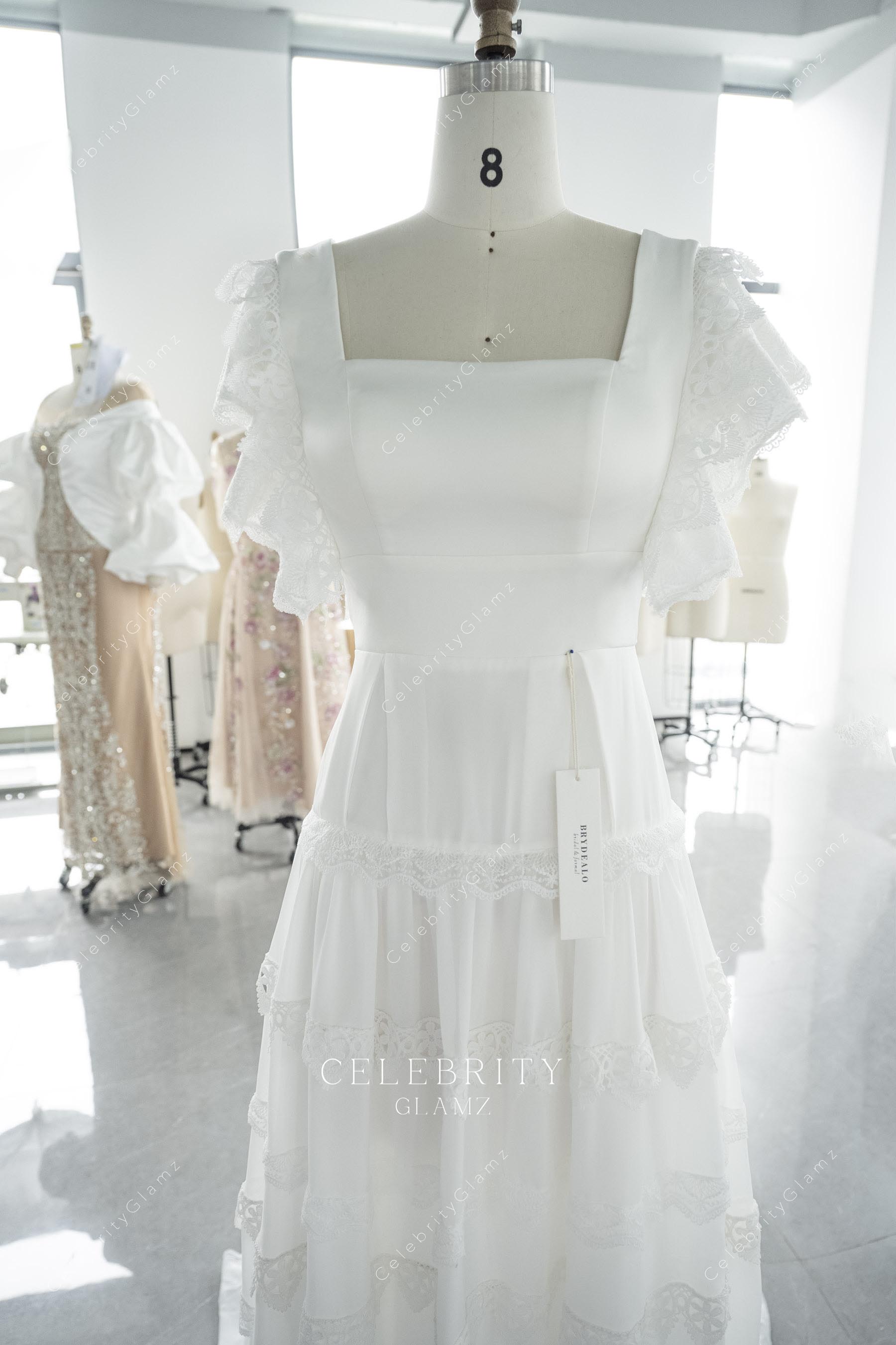 flutter sleeve a line wedding dress