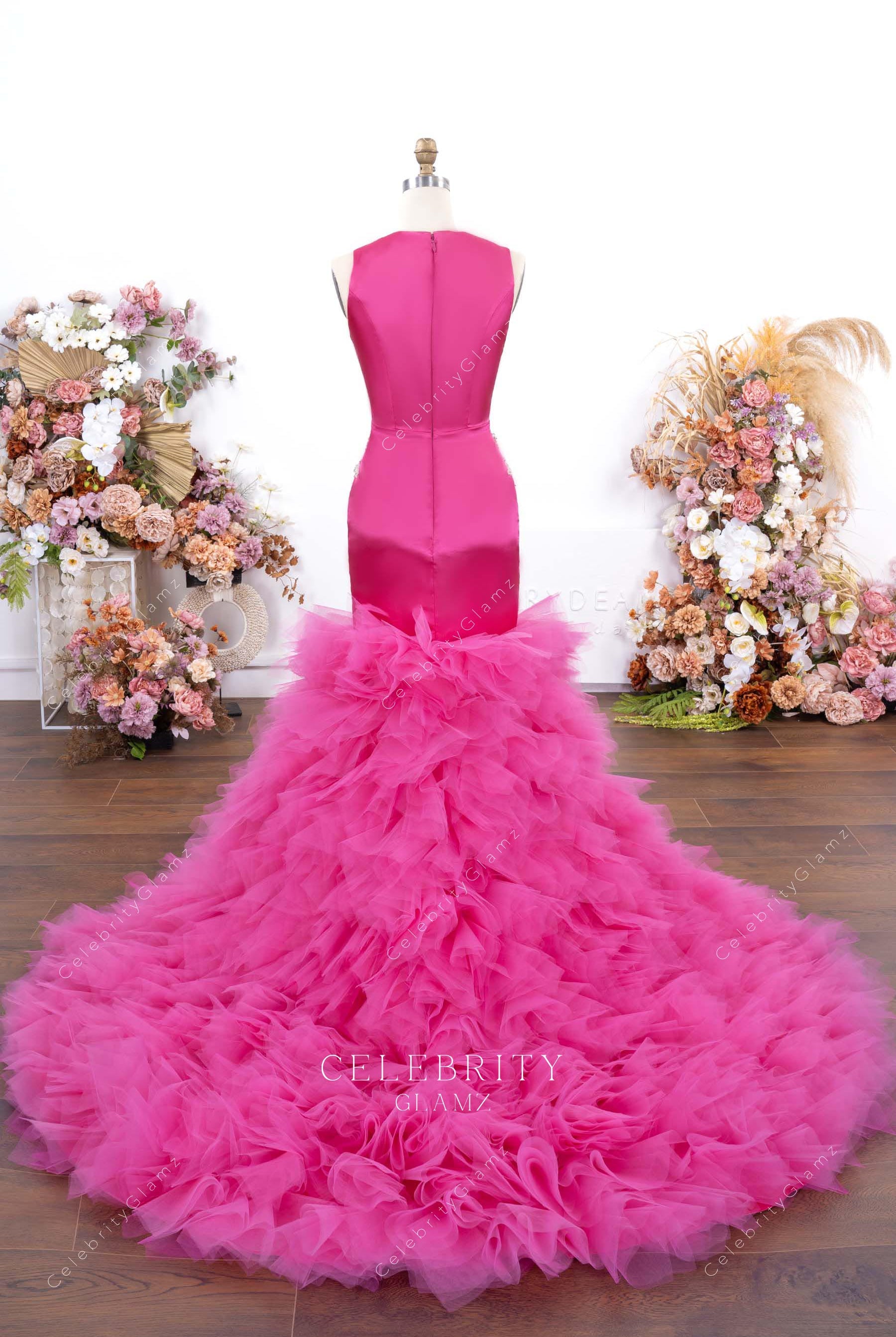 fuchsia conservative back formal gown