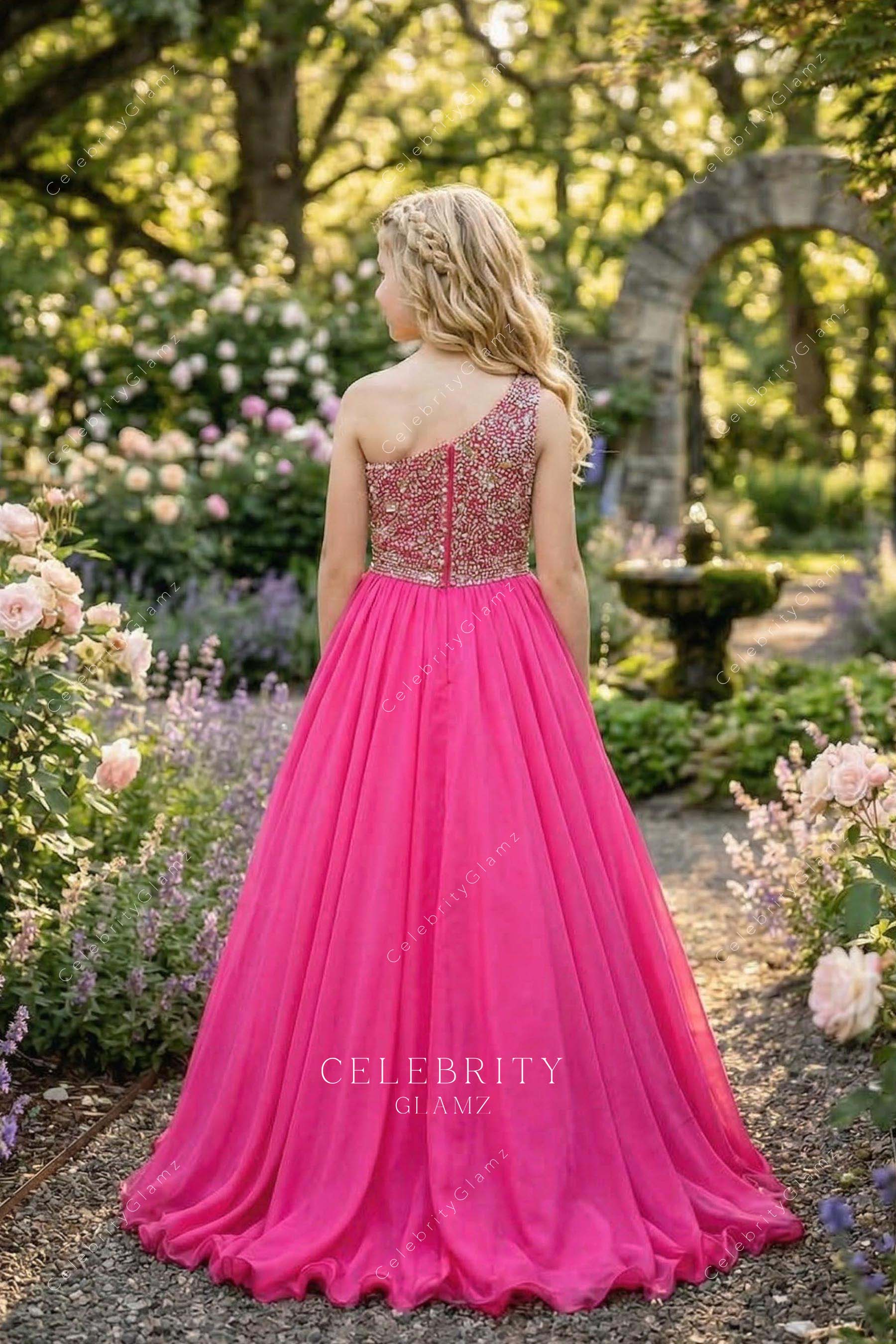 fuchsia a line sweep train pageant dress