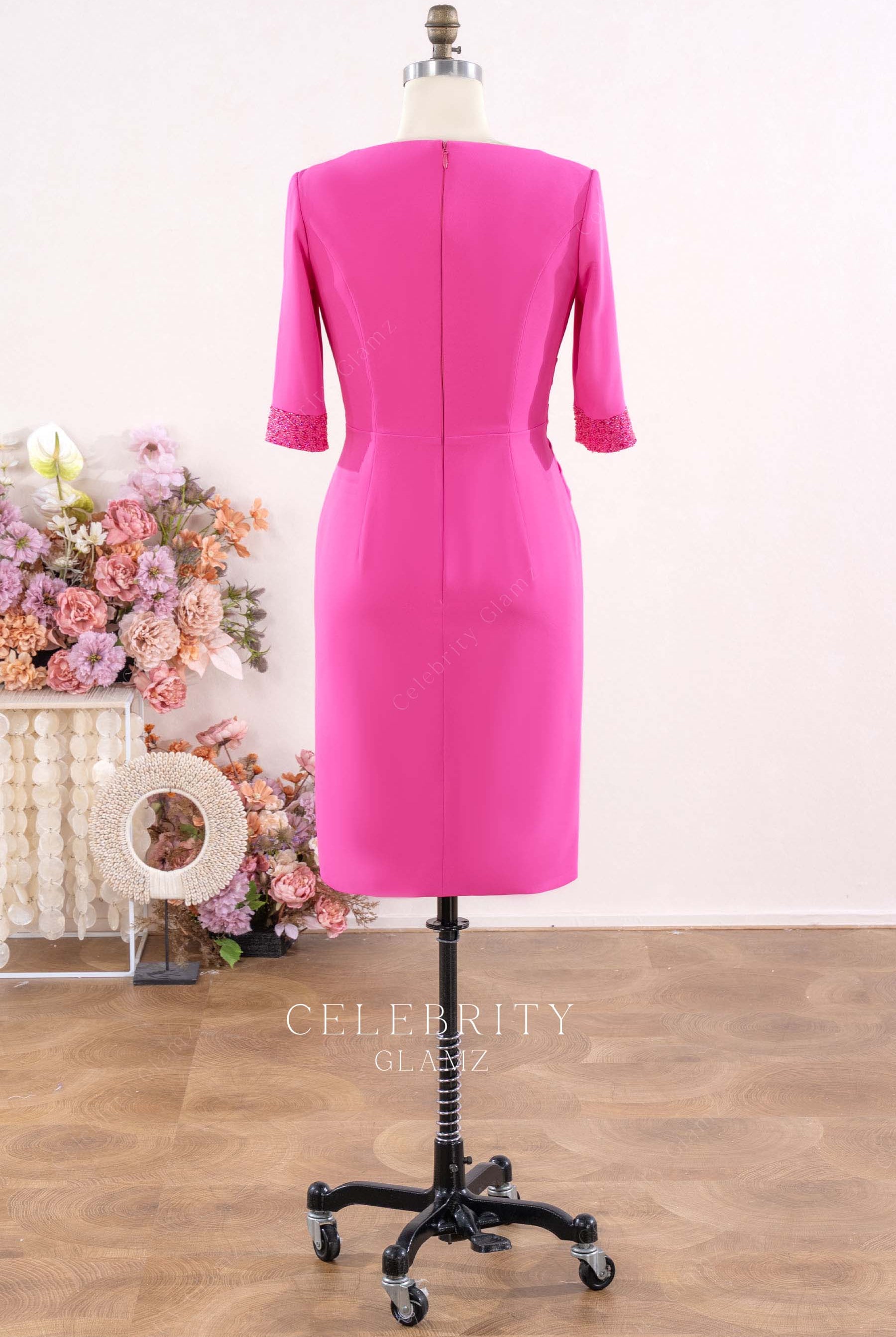 fuchsia knee length mother of bride dress