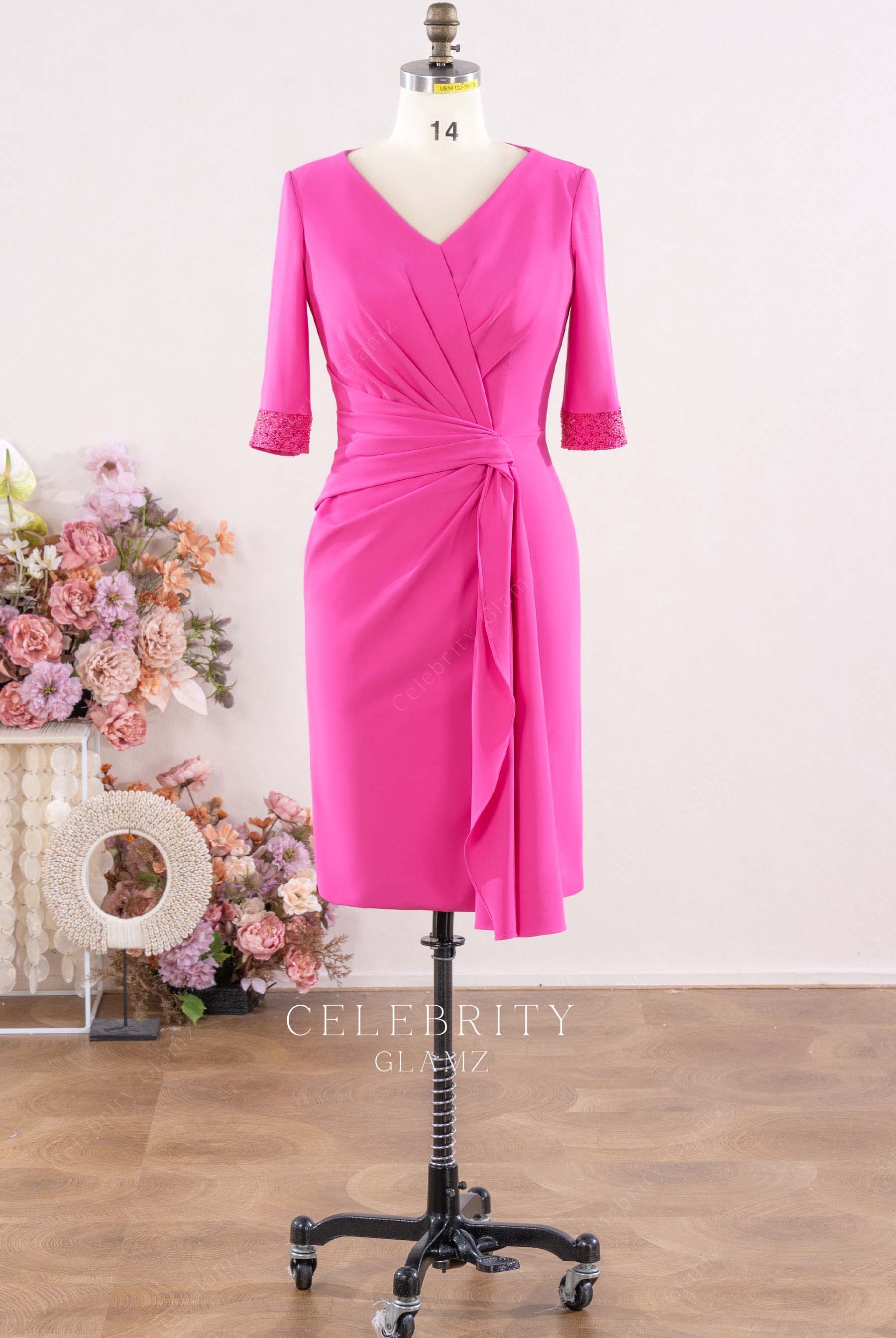 fuchsia streamer crepe formal dress