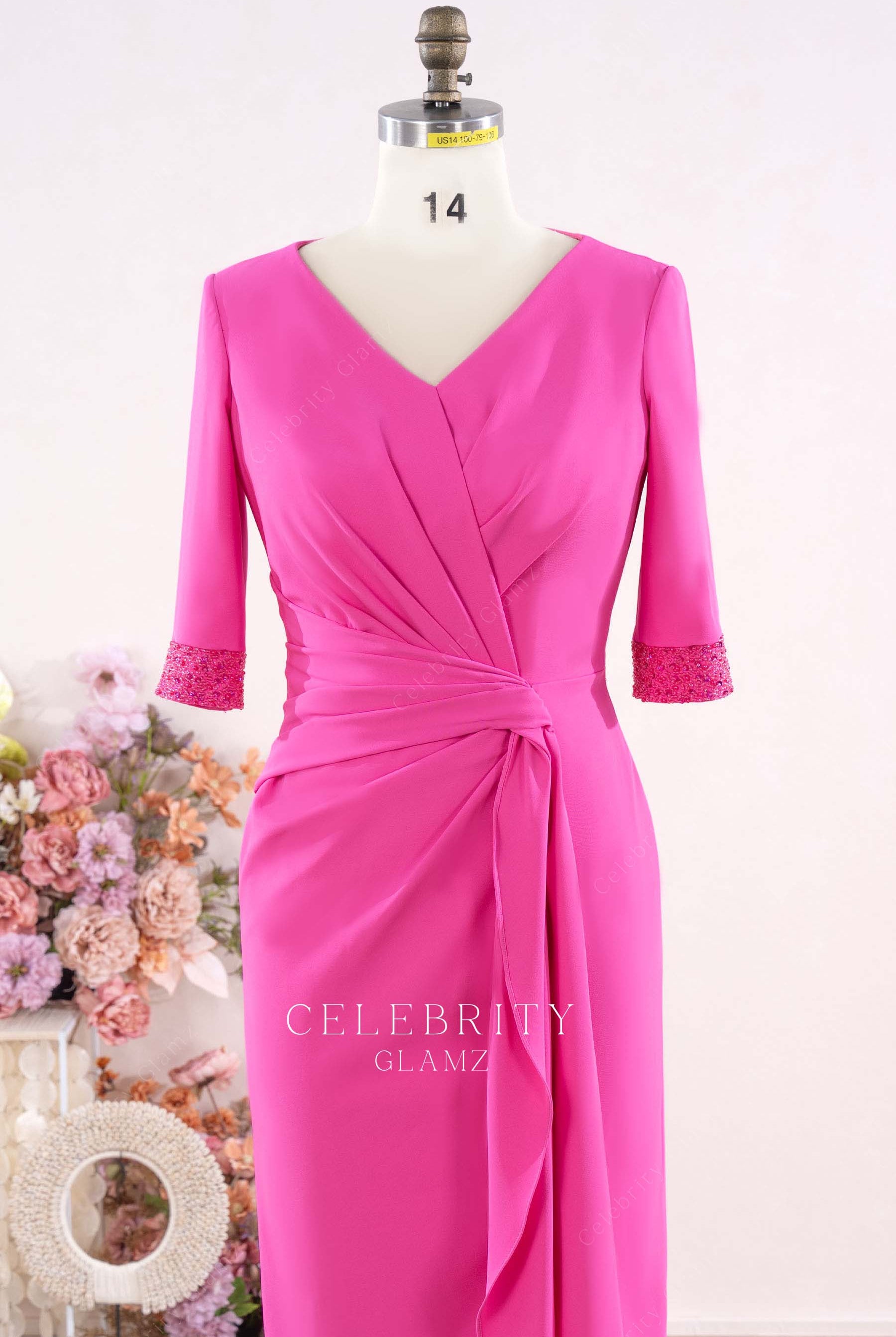 fuchsia v neck mother of bride dress