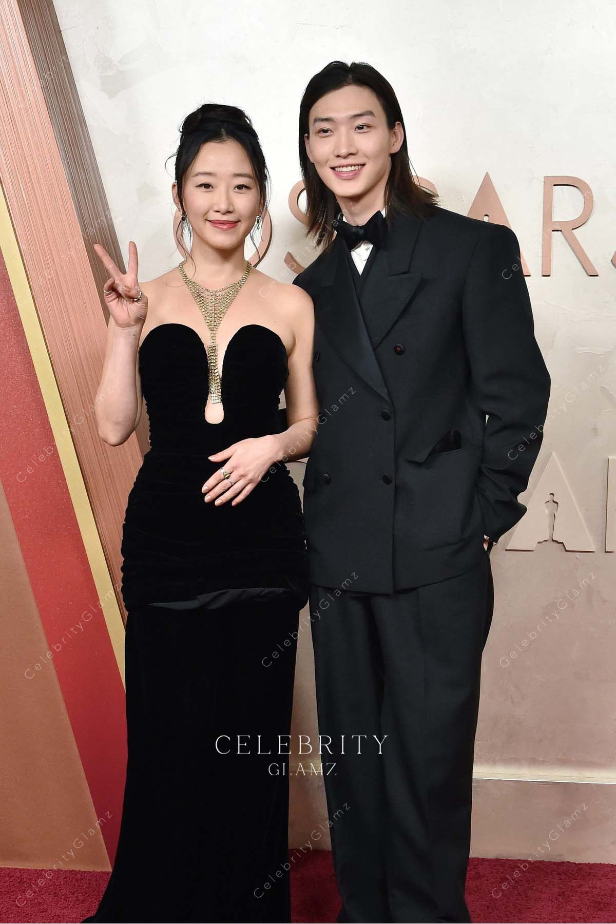Gia Kim black pleated 2025 Oscars red carpet dress