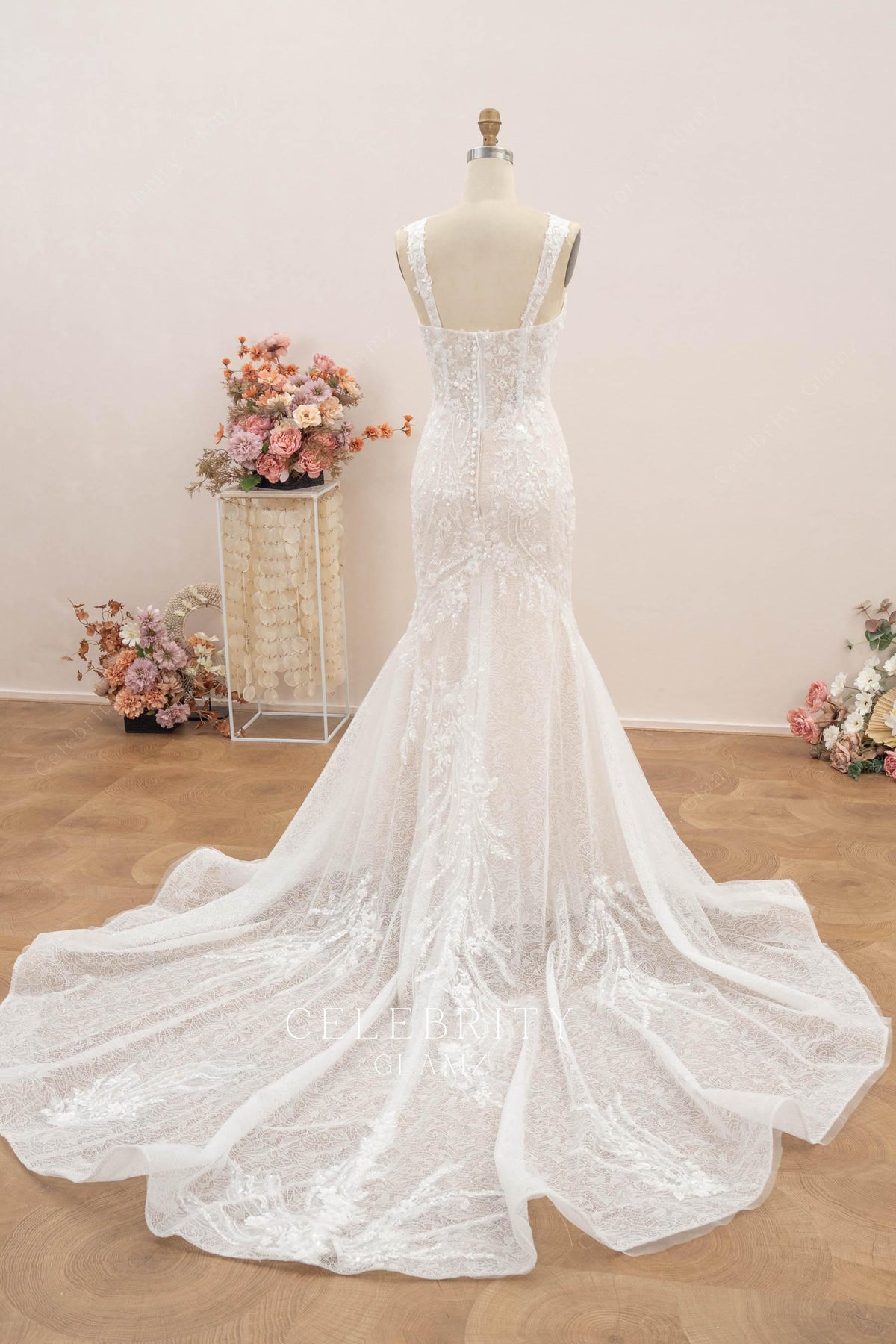 glitter floral lace mermaid wedding dress