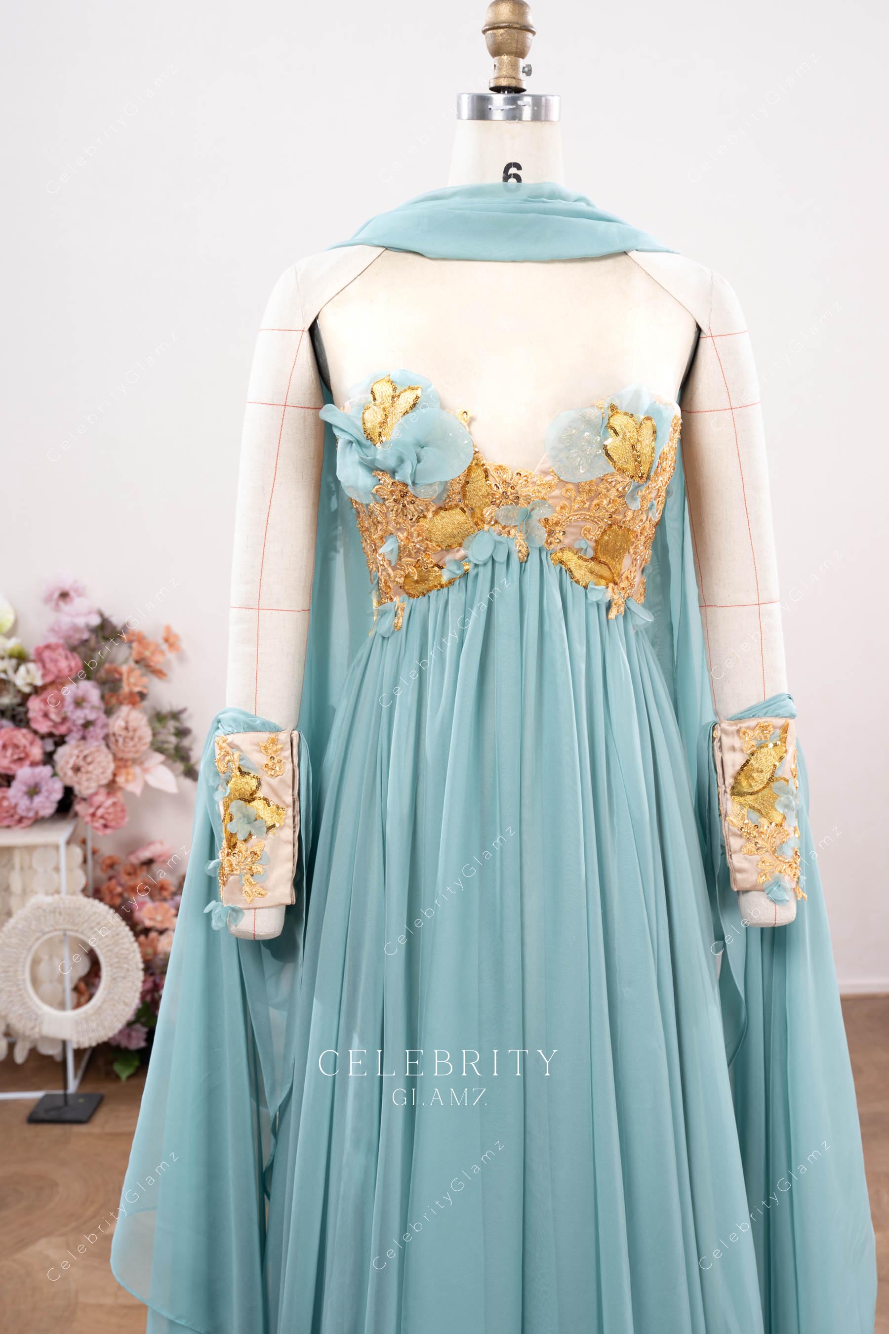 gold beaded chiffon formal dress