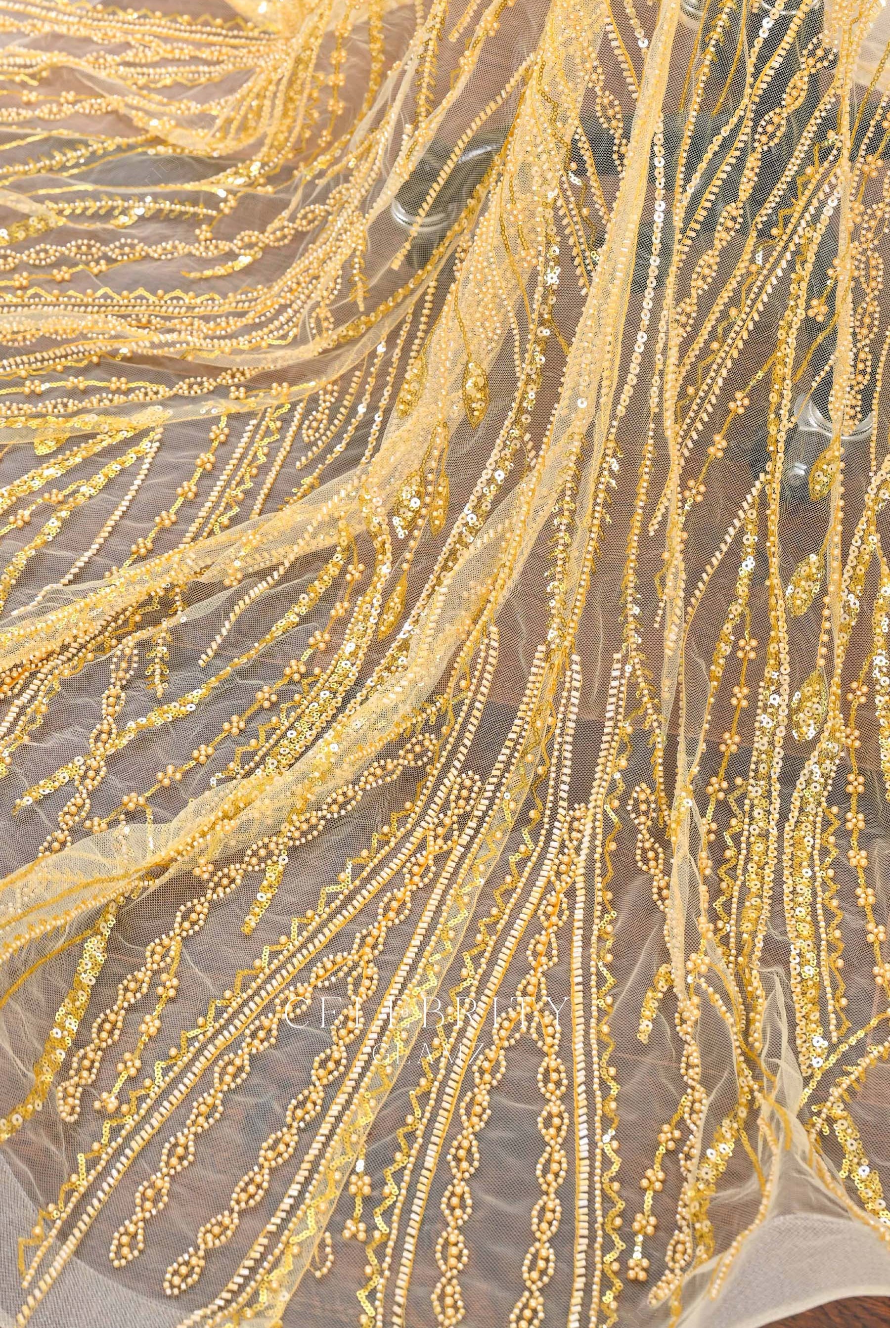 gold beaded illusion train prom dress